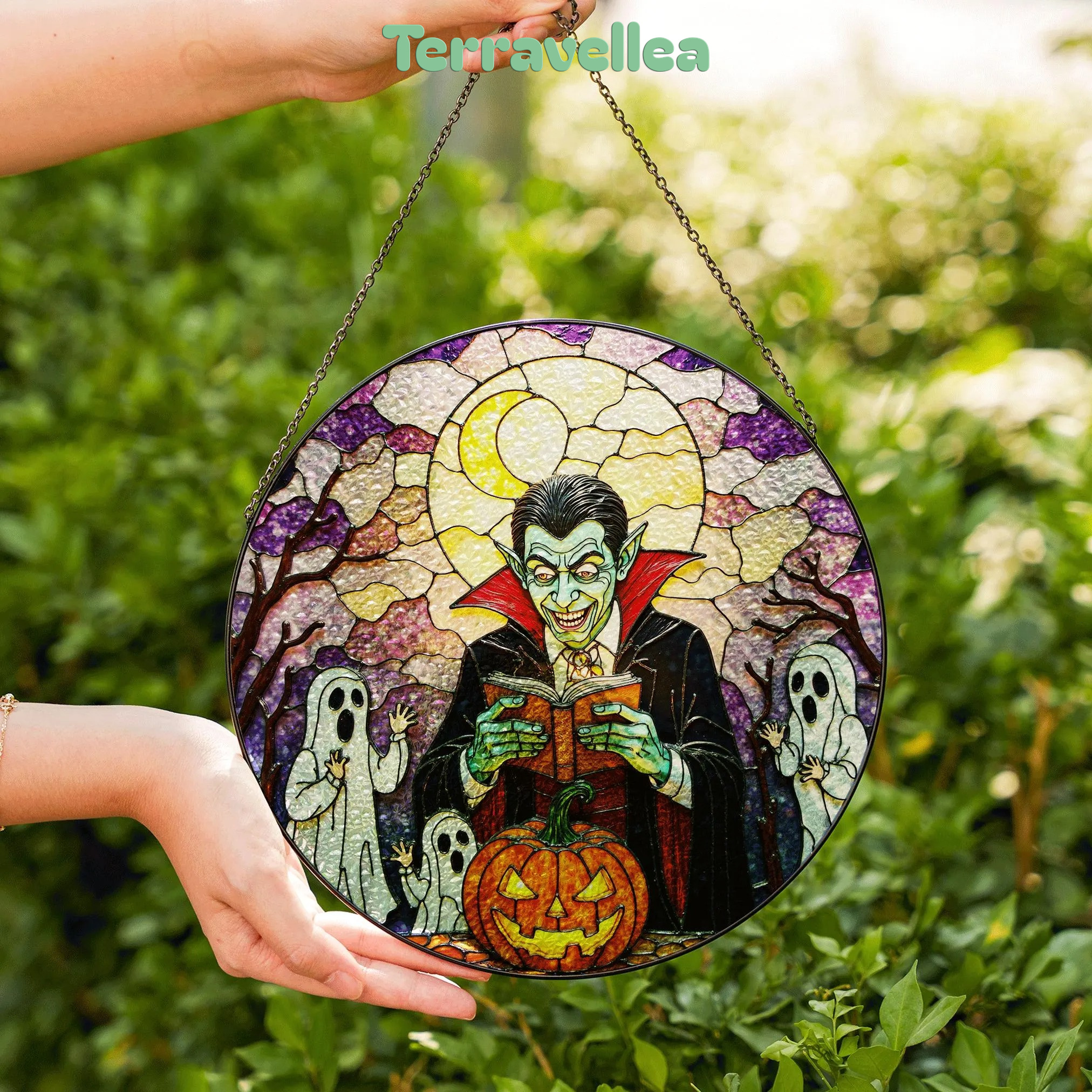 Suncatcher Stained Glass Vampire Reading Pumpkin Halloween Gift - image 6