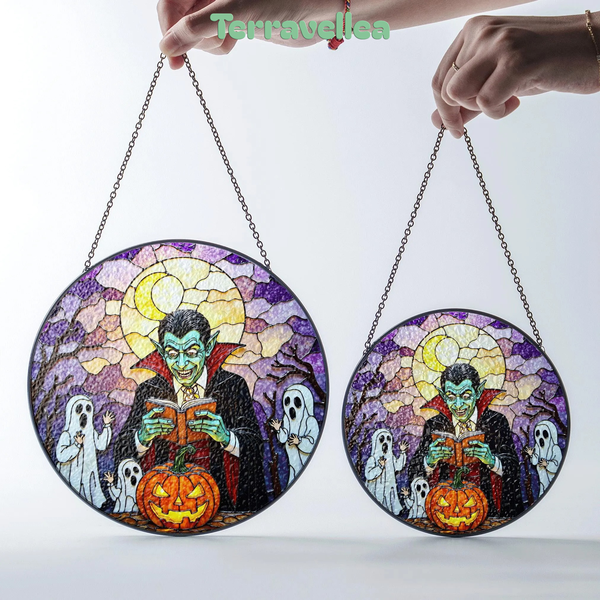 Suncatcher Stained Glass Vampire Reading Pumpkin Halloween Gift - image 7