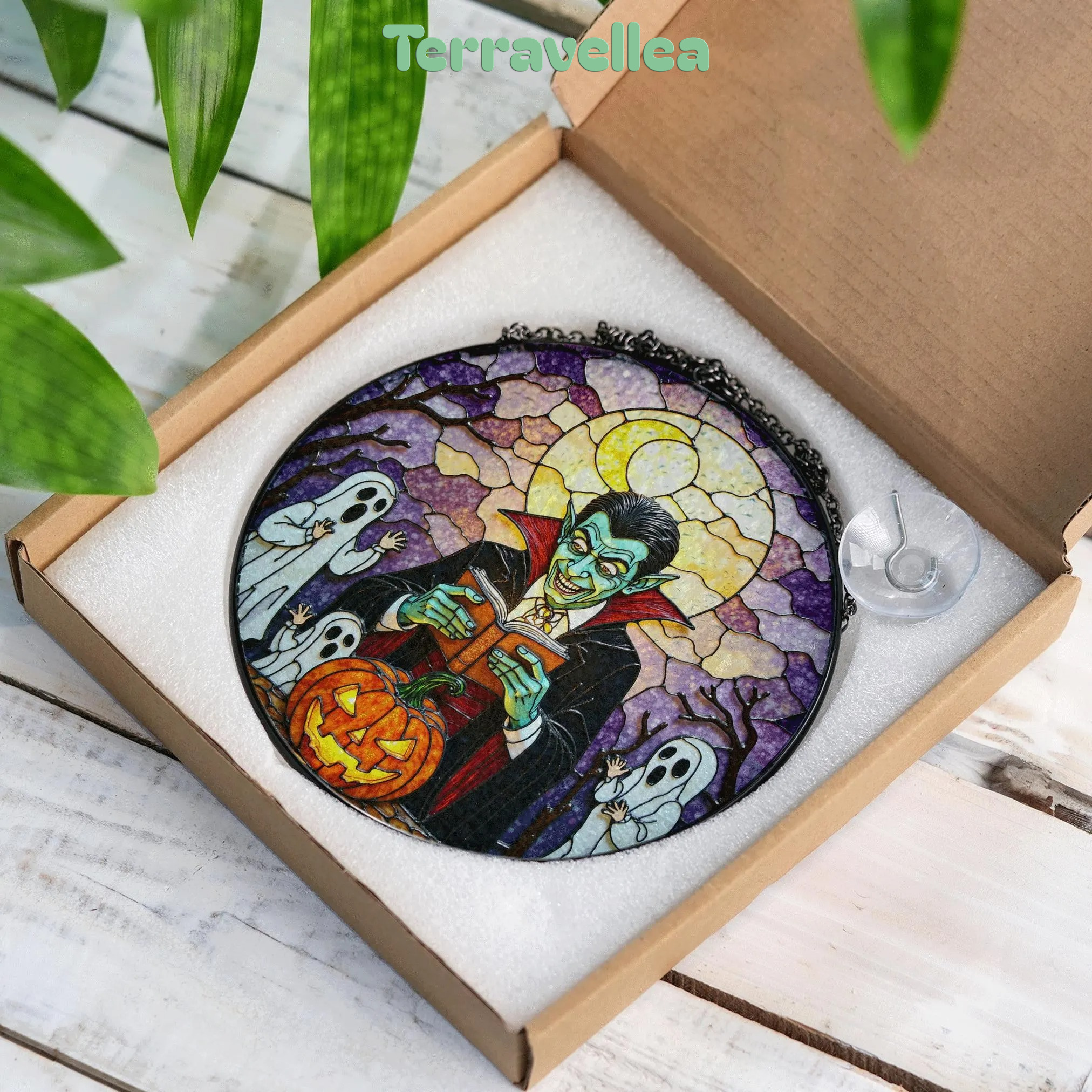 Suncatcher Stained Glass Vampire Reading Pumpkin Halloween Gift - image 9