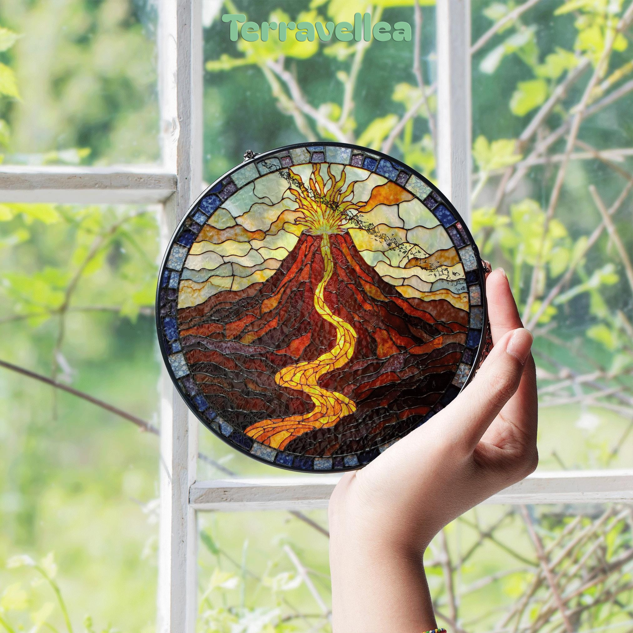Suncatcher Stained Glass Volcano Eruption With Flowing Lava Housewarming Gift for Mom Birthday Gift - image 4