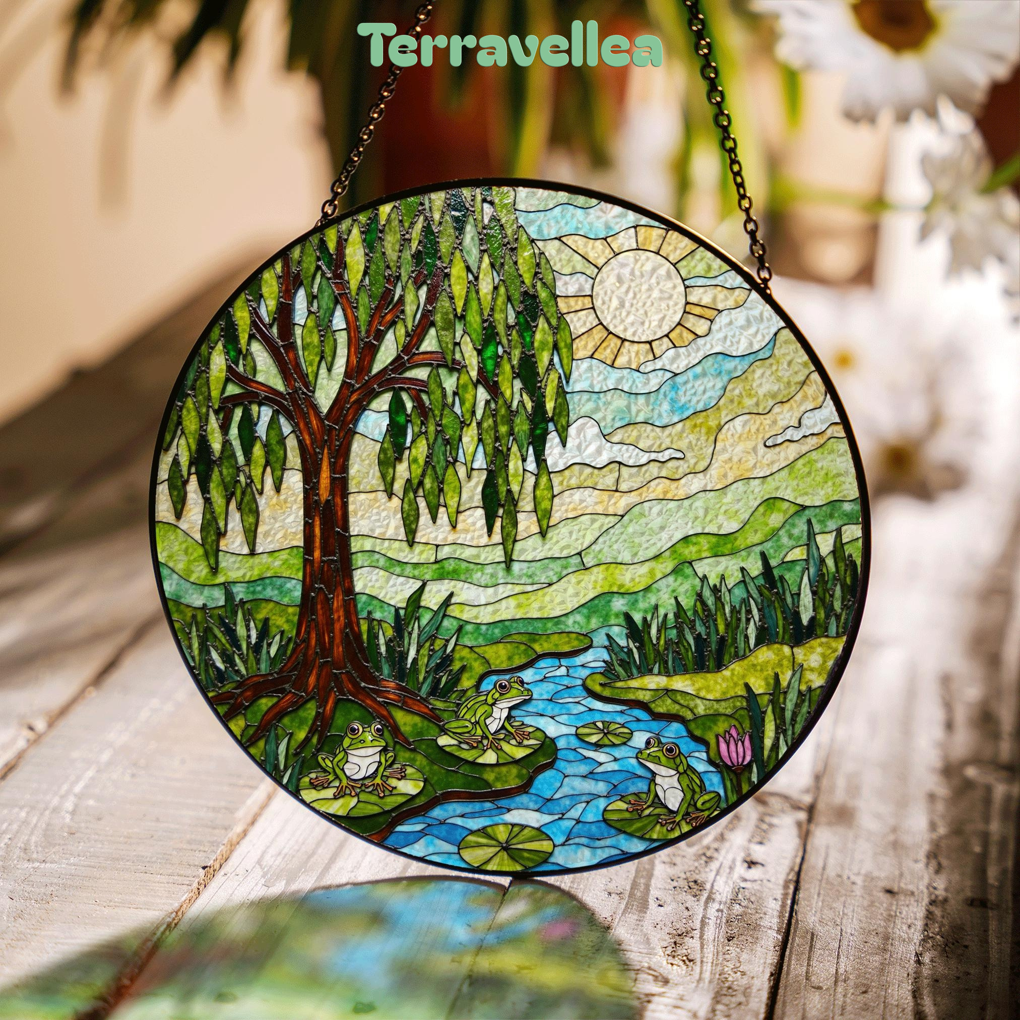 Suncatcher Stained Glass Willow Tree Pond Frogs Nature Scene Gift for Mom Mothers Day Gift - image 1