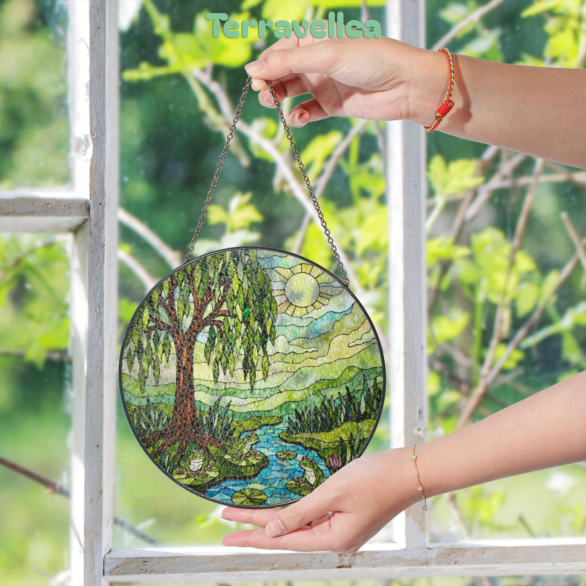 Suncatcher Stained Glass Willow Tree Pond Frogs Nature Scene Gift for Mom Mothers Day Gift - image 5