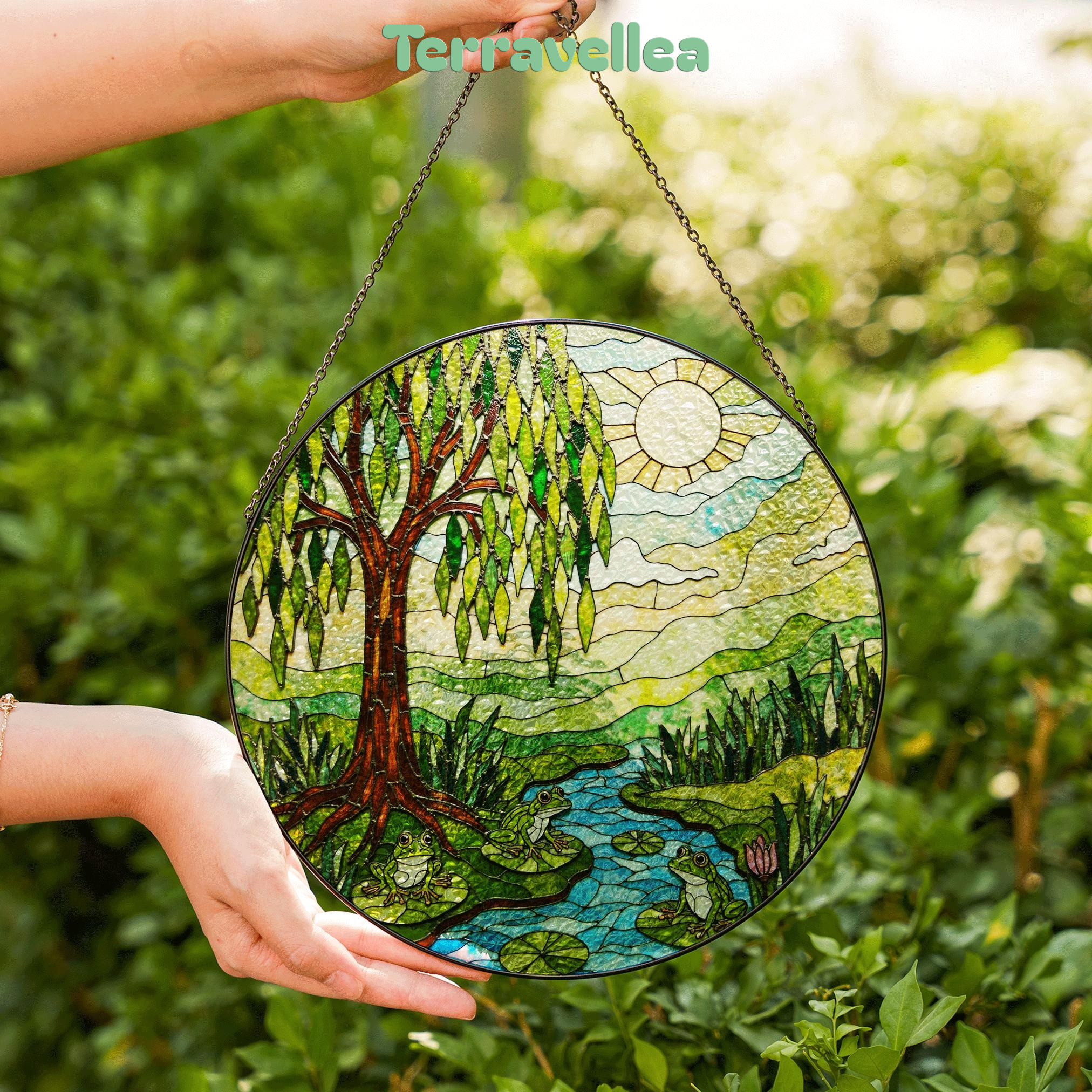 Suncatcher Stained Glass Willow Tree Pond Frogs Nature Scene Gift for Mom Mothers Day Gift - image 6