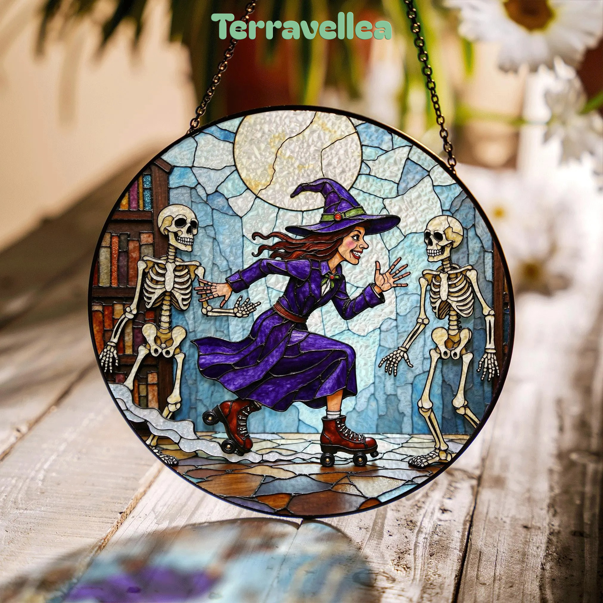 Suncatcher Stained Glass Witch Skating With Skeletons Halloween Gift - image 1