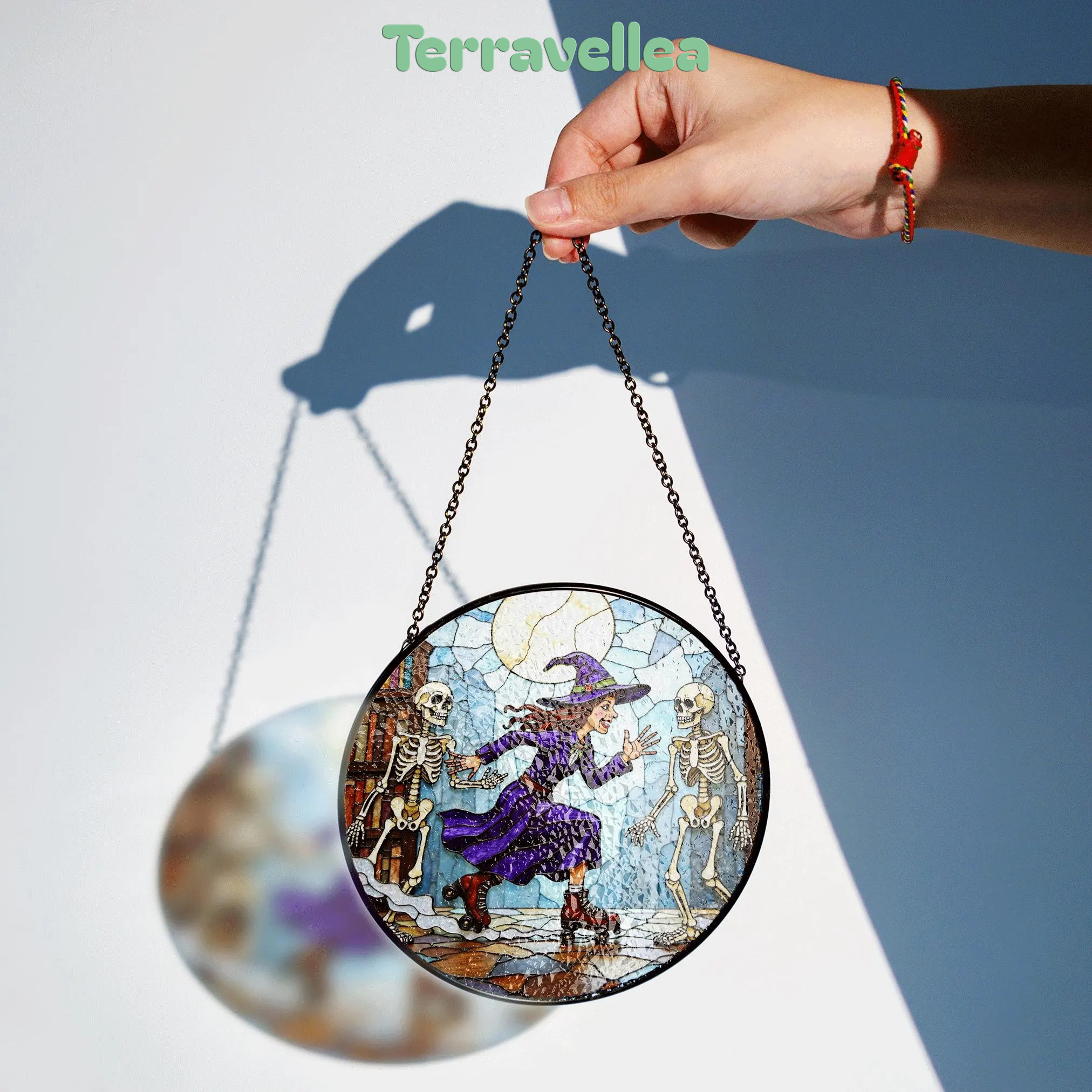Suncatcher Stained Glass Witch Skating With Skeletons Halloween Gift - image 2