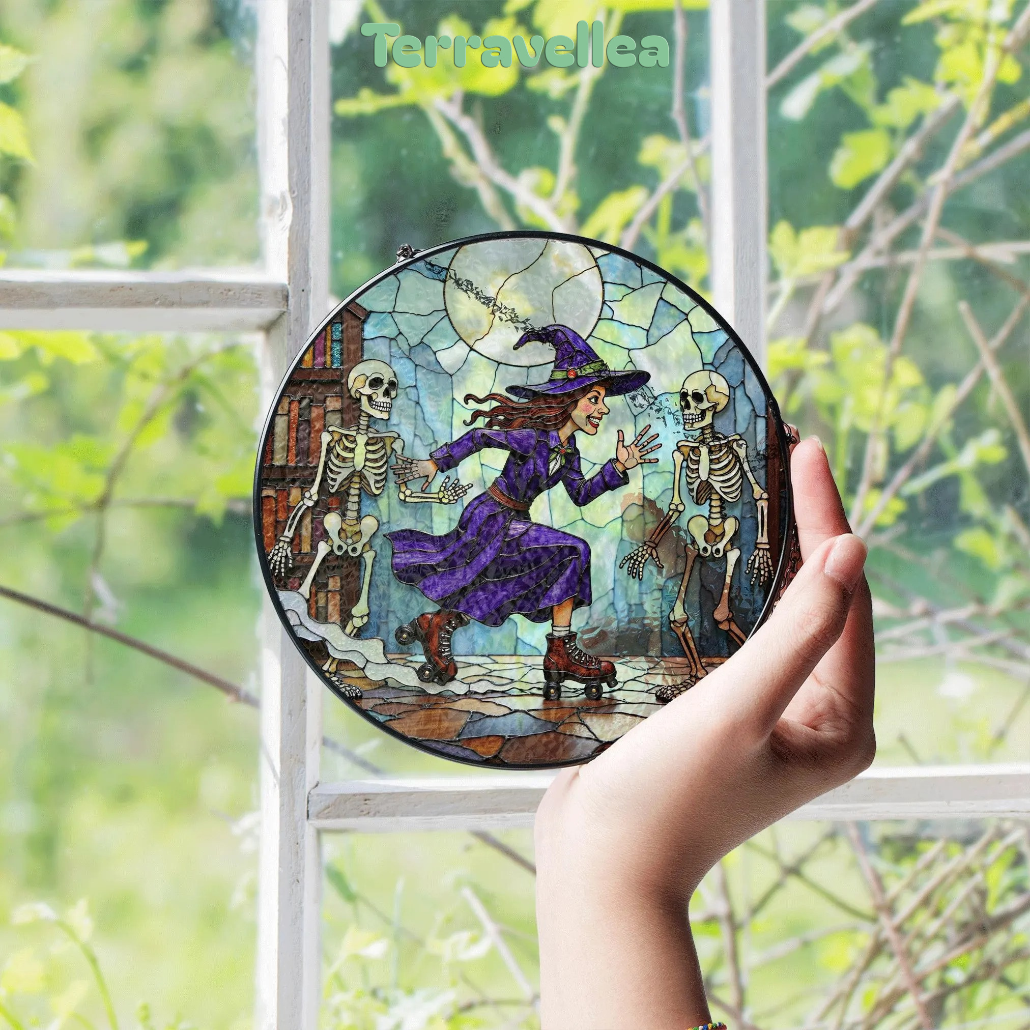 Suncatcher Stained Glass Witch Skating With Skeletons Halloween Gift - image 4