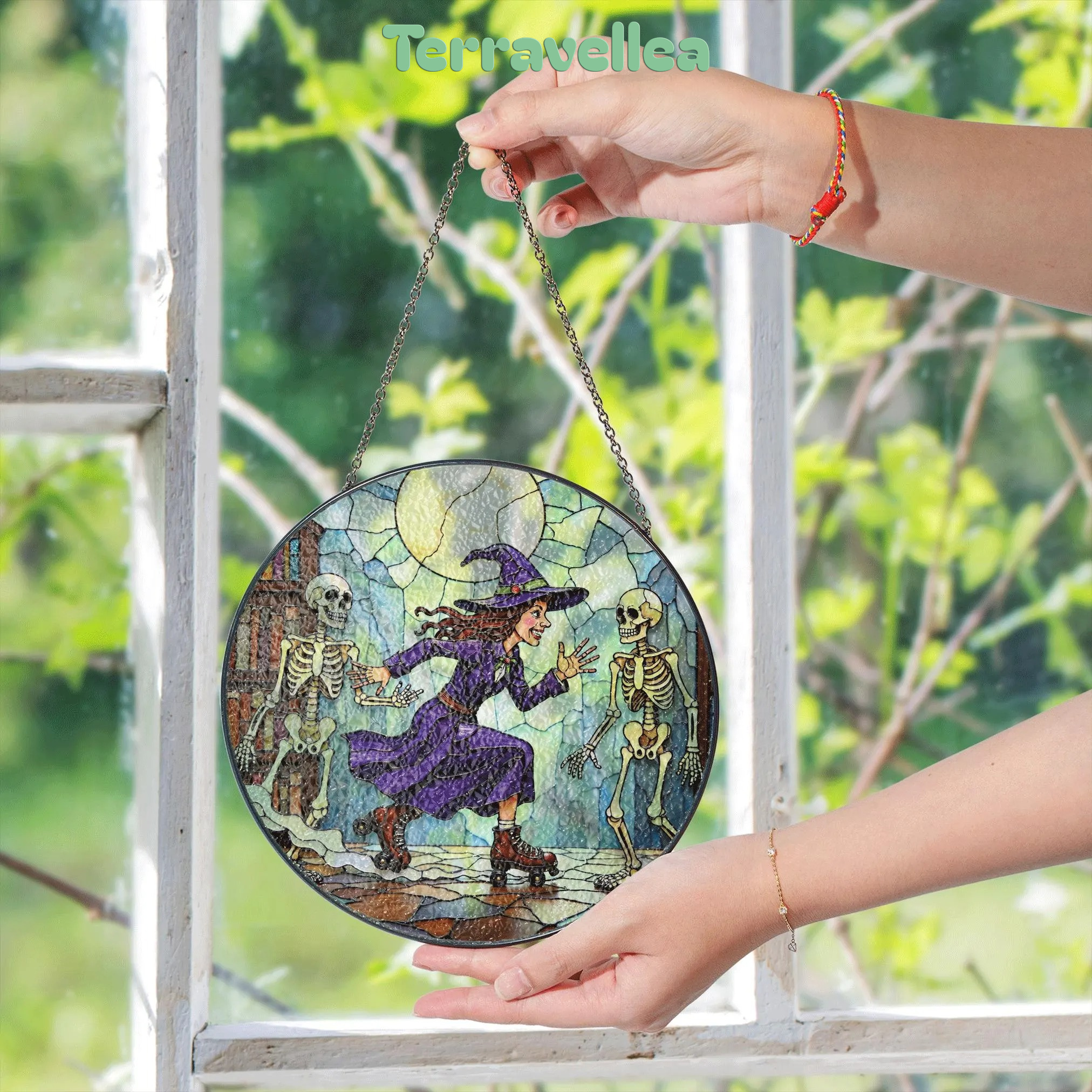 Suncatcher Stained Glass Witch Skating With Skeletons Halloween Gift - image 5