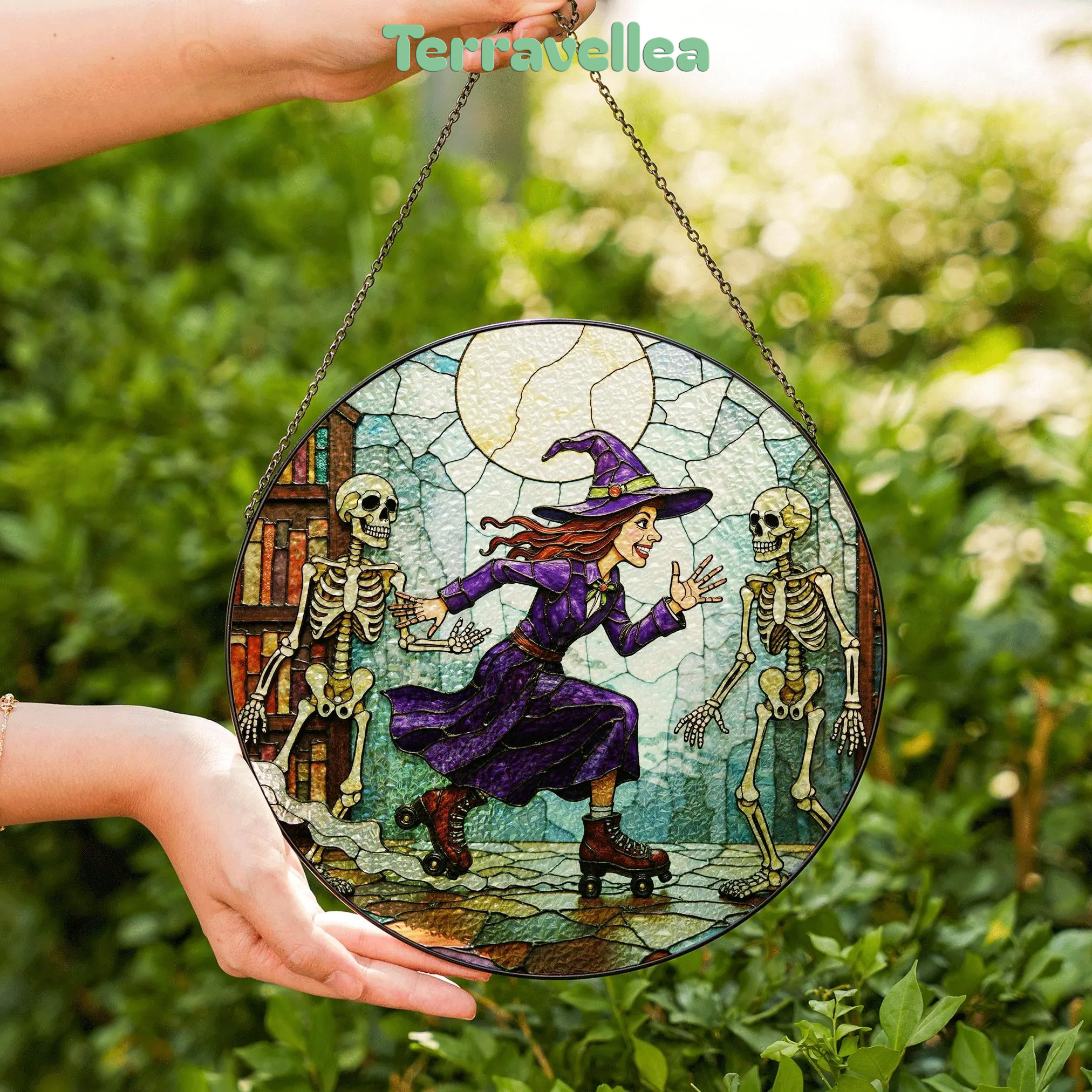 Suncatcher Stained Glass Witch Skating With Skeletons Halloween Gift - image 6