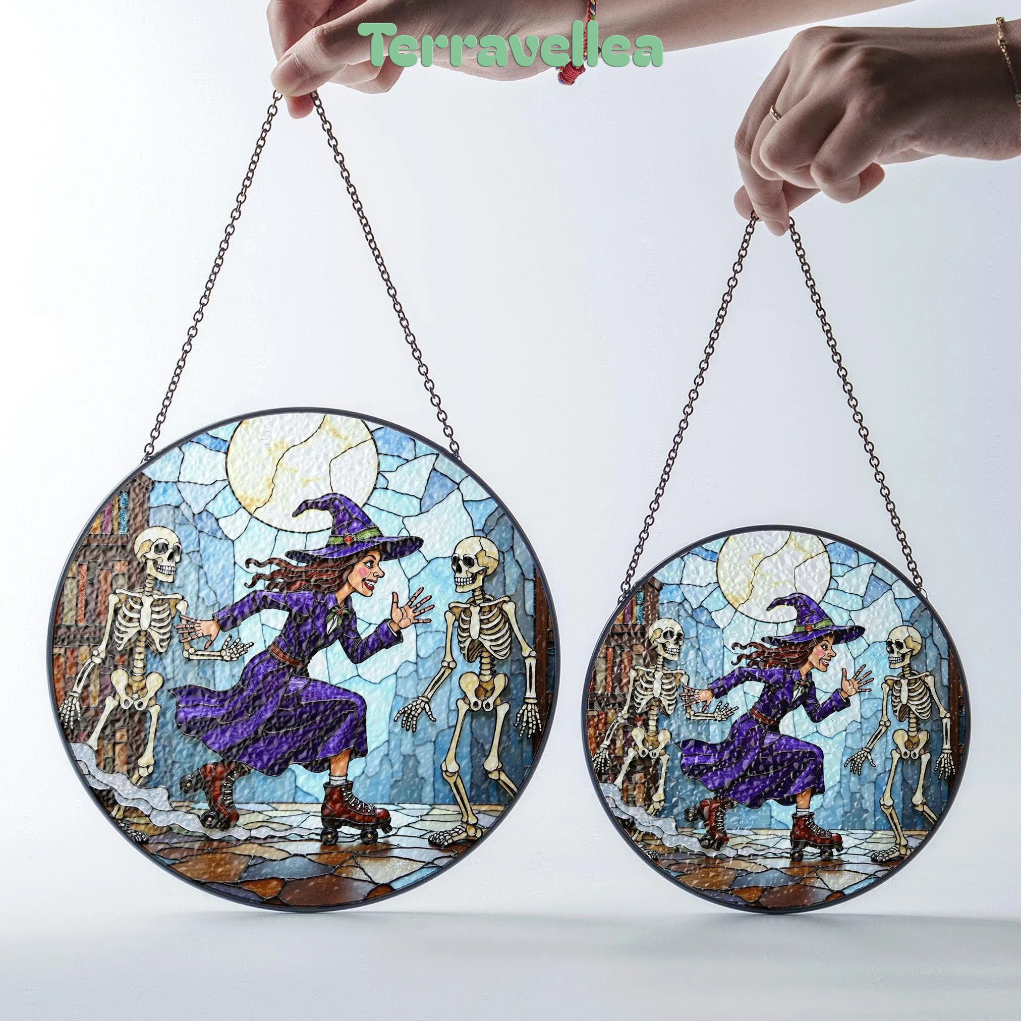 Suncatcher Stained Glass Witch Skating With Skeletons Halloween Gift - image 7