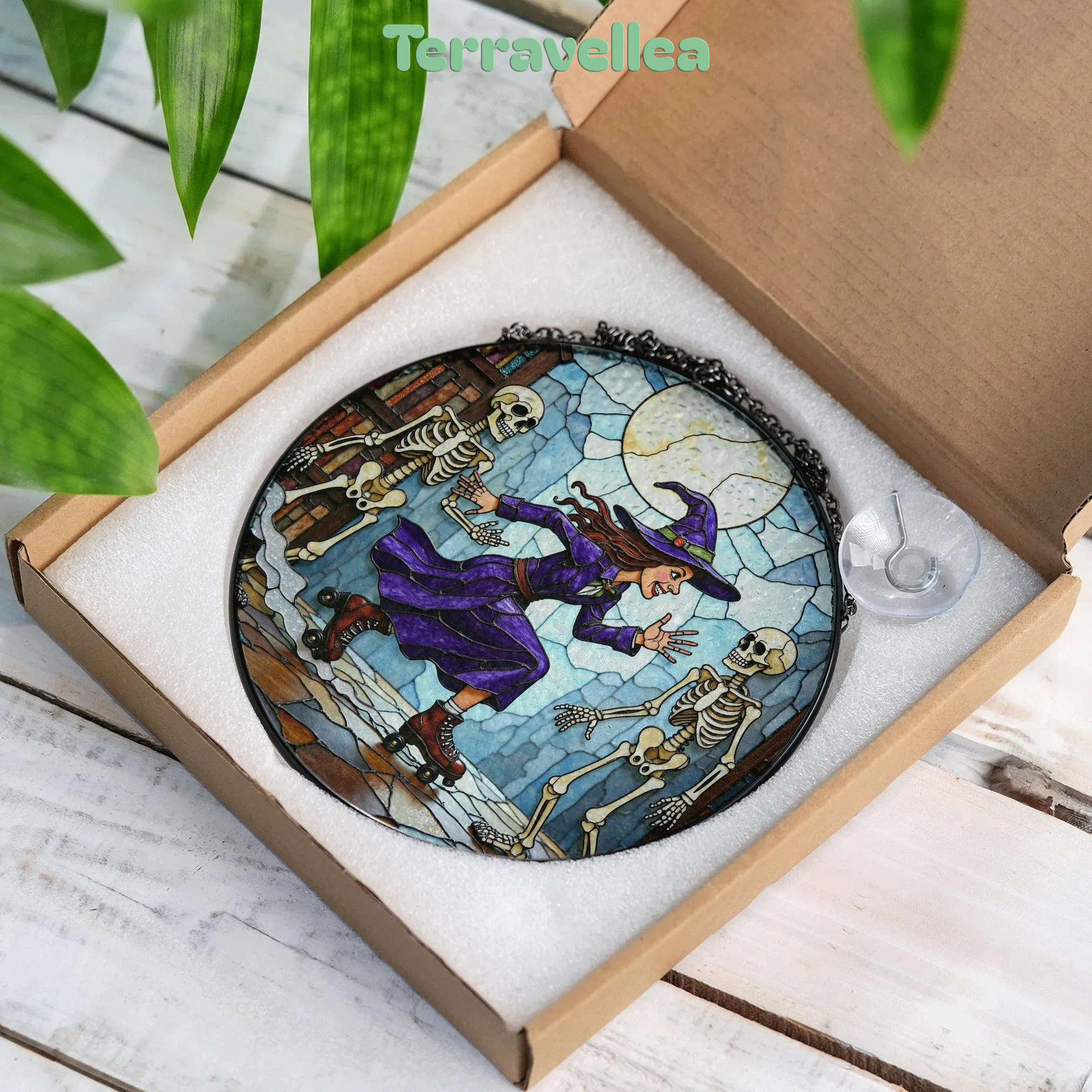 Suncatcher Stained Glass Witch Skating With Skeletons Halloween Gift - image 9