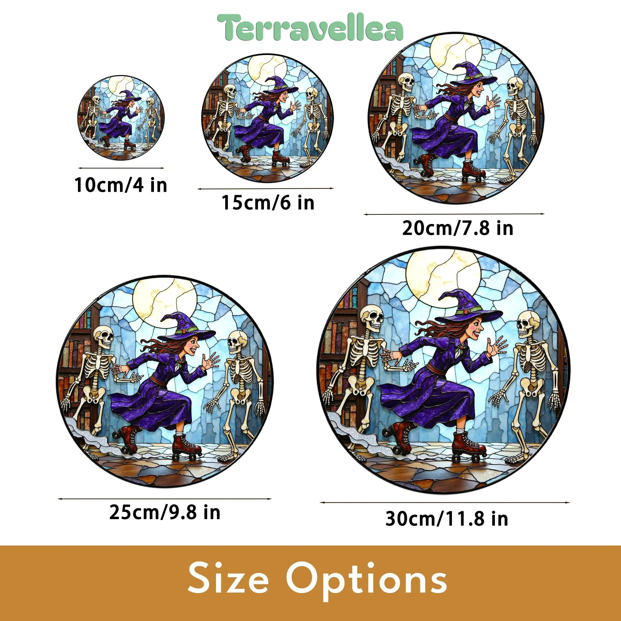 Suncatcher Stained Glass Witch Skating With Skeletons Halloween Gift - image 10