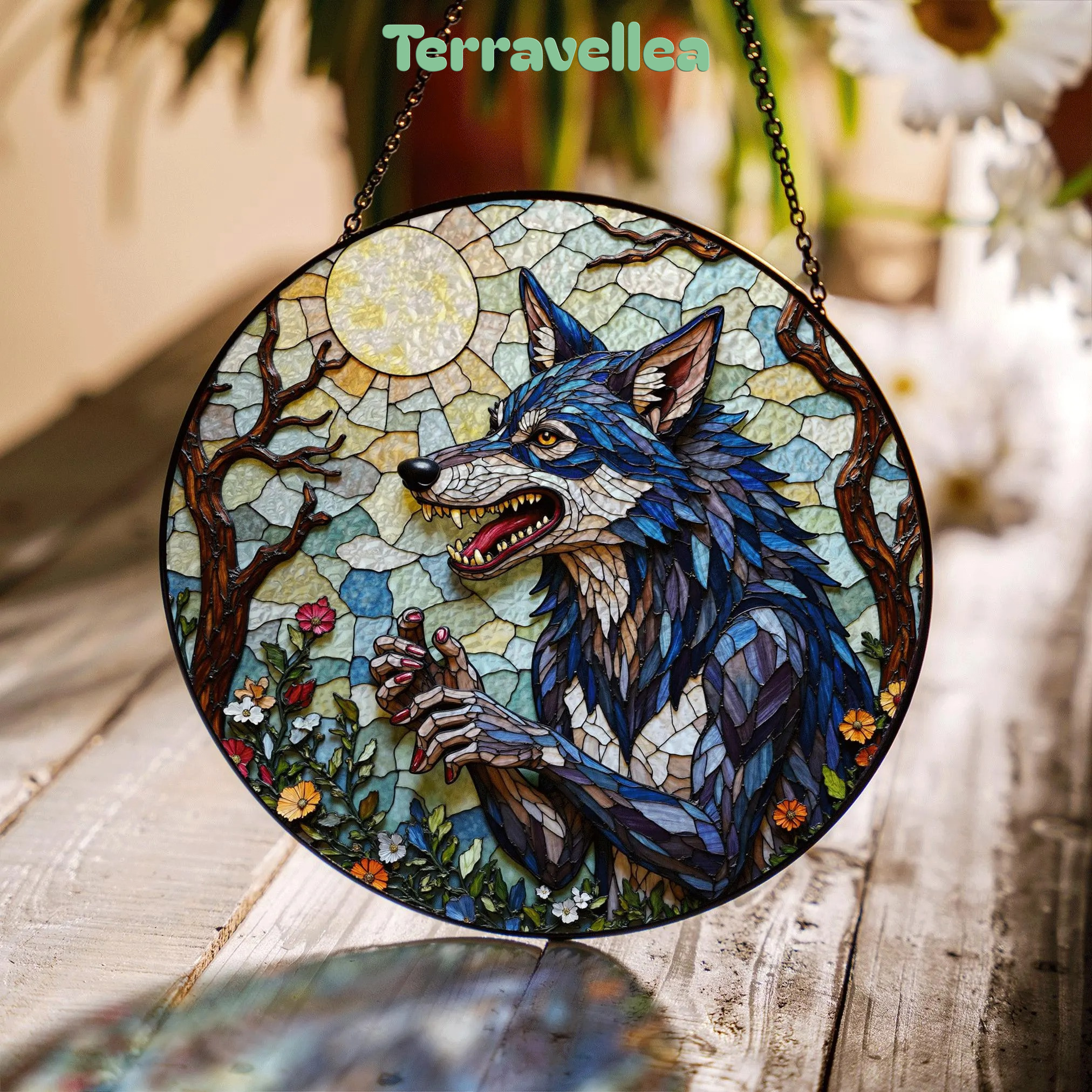 Suncatcher Stained Glass Wolf in Moonlit Forest Halloween Gift - image 1