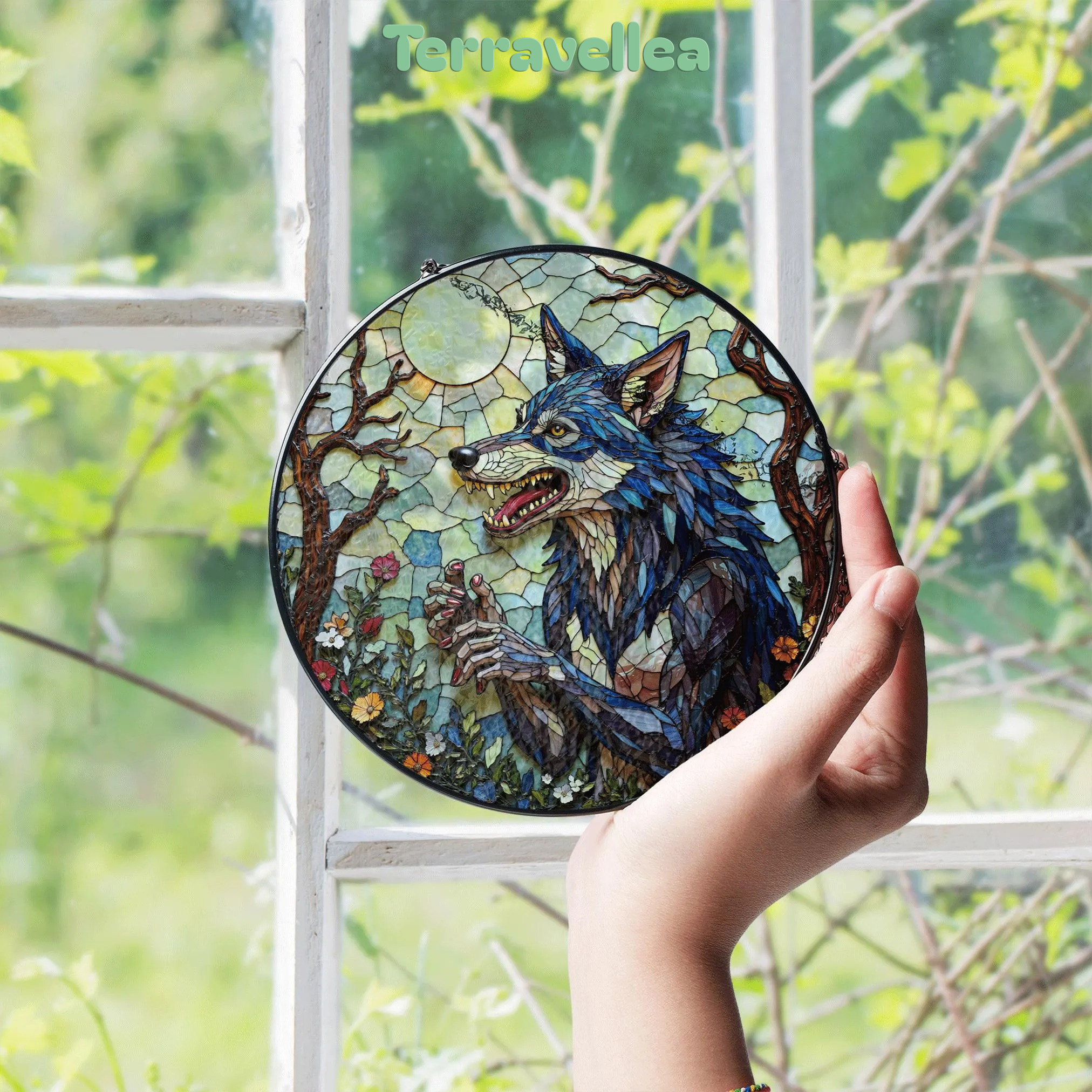 Suncatcher Stained Glass Wolf in Moonlit Forest Halloween Gift - image 4