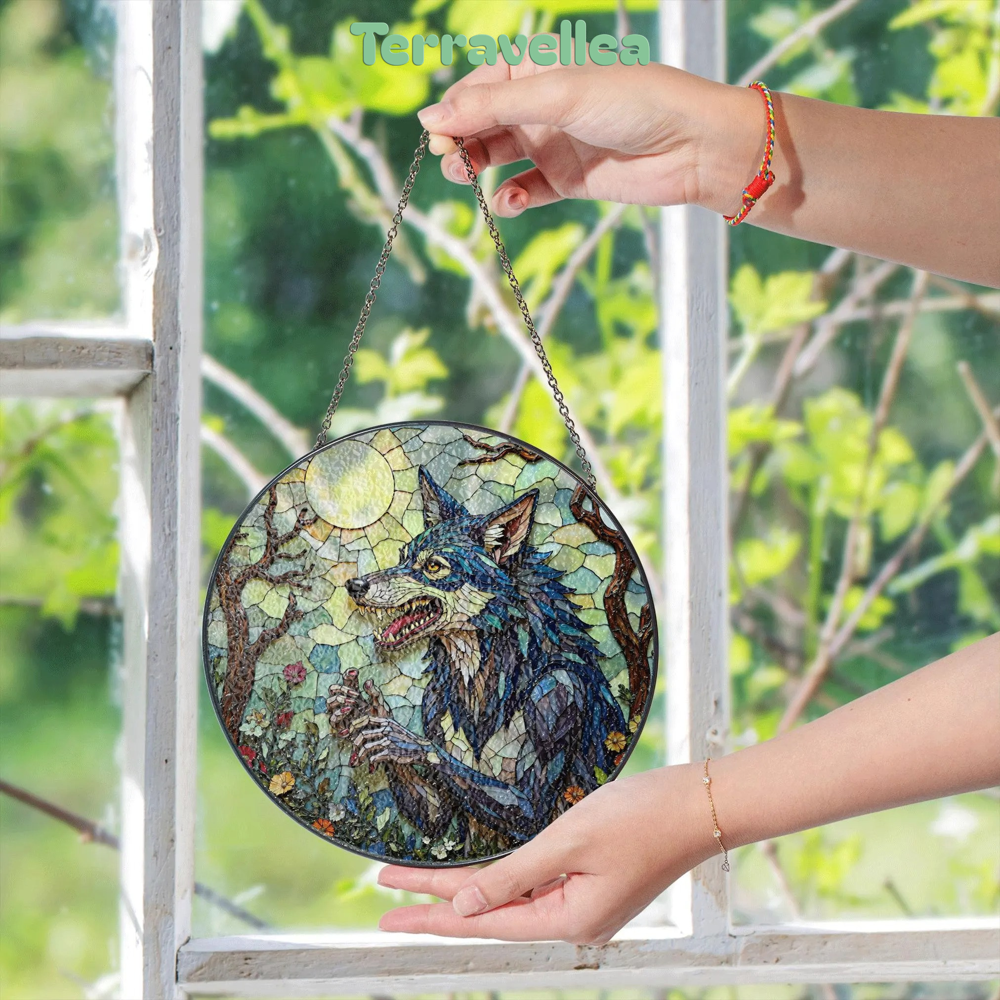 Suncatcher Stained Glass Wolf in Moonlit Forest Halloween Gift - image 5