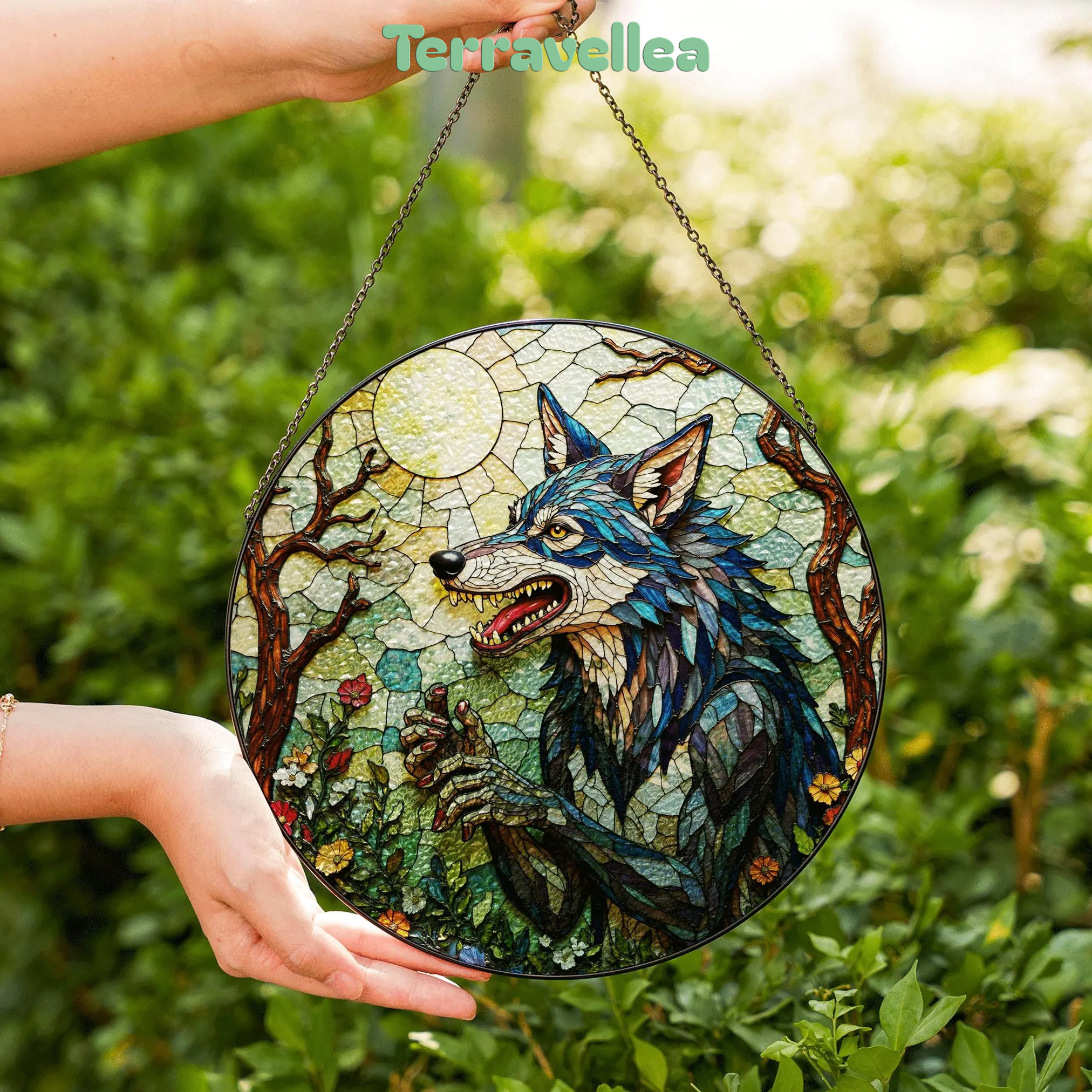 Suncatcher Stained Glass Wolf in Moonlit Forest Halloween Gift - image 6