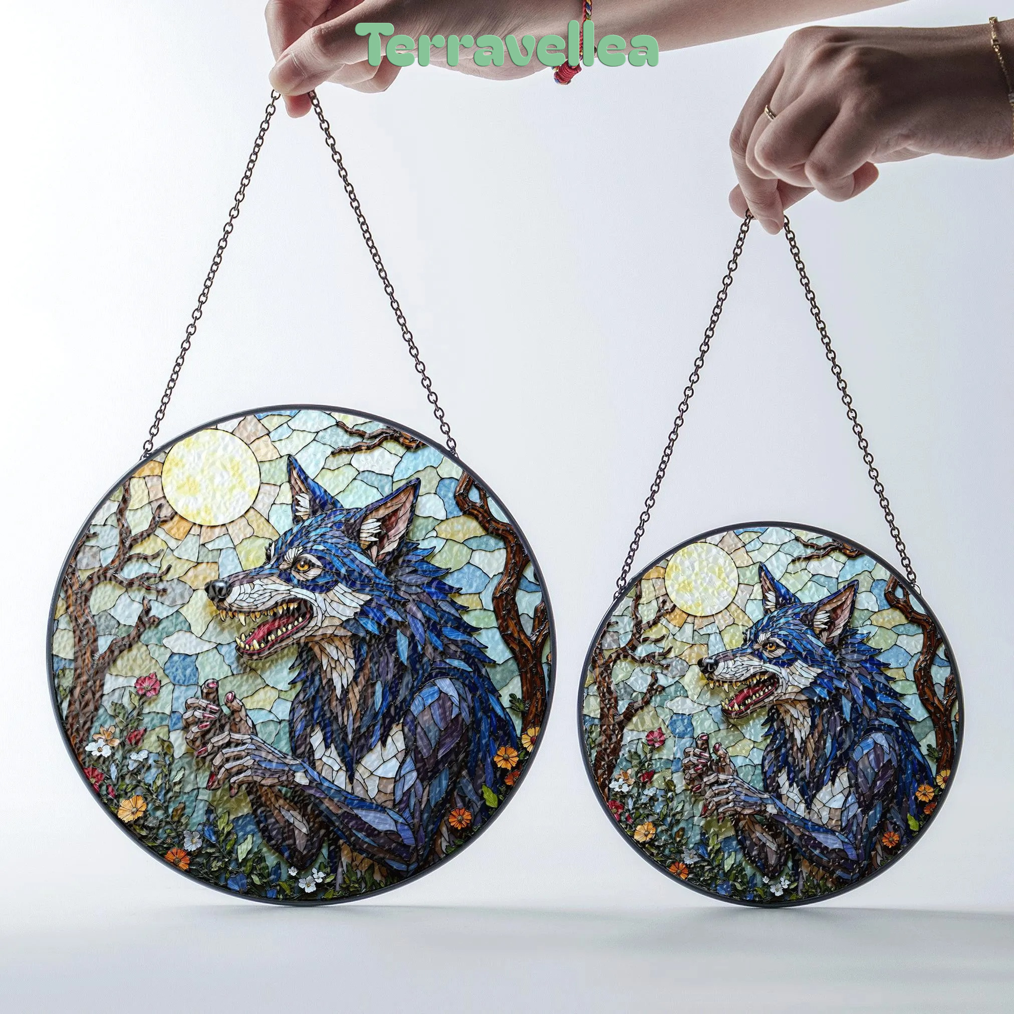 Suncatcher Stained Glass Wolf in Moonlit Forest Halloween Gift - image 7