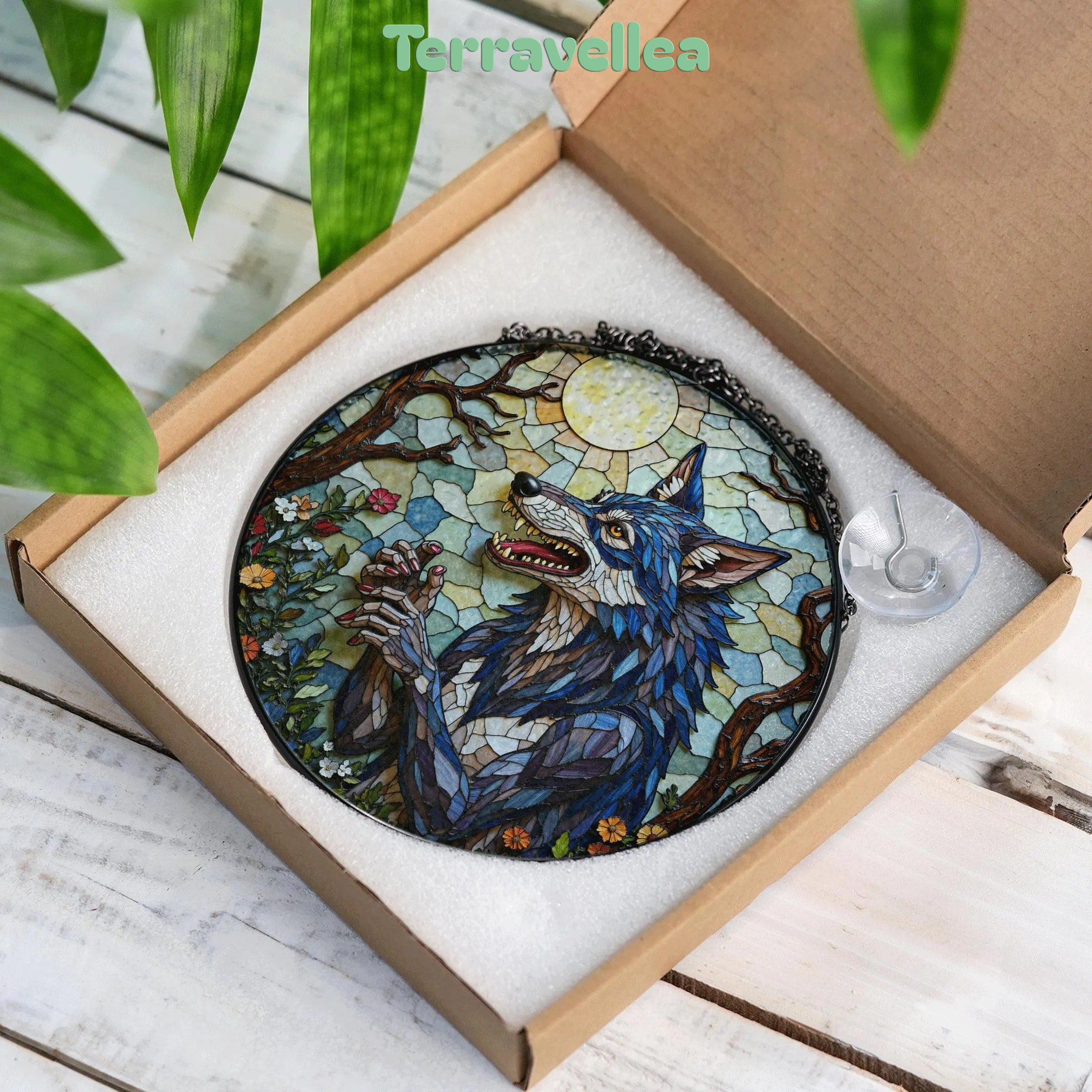 Suncatcher Stained Glass Wolf in Moonlit Forest Halloween Gift - image 9