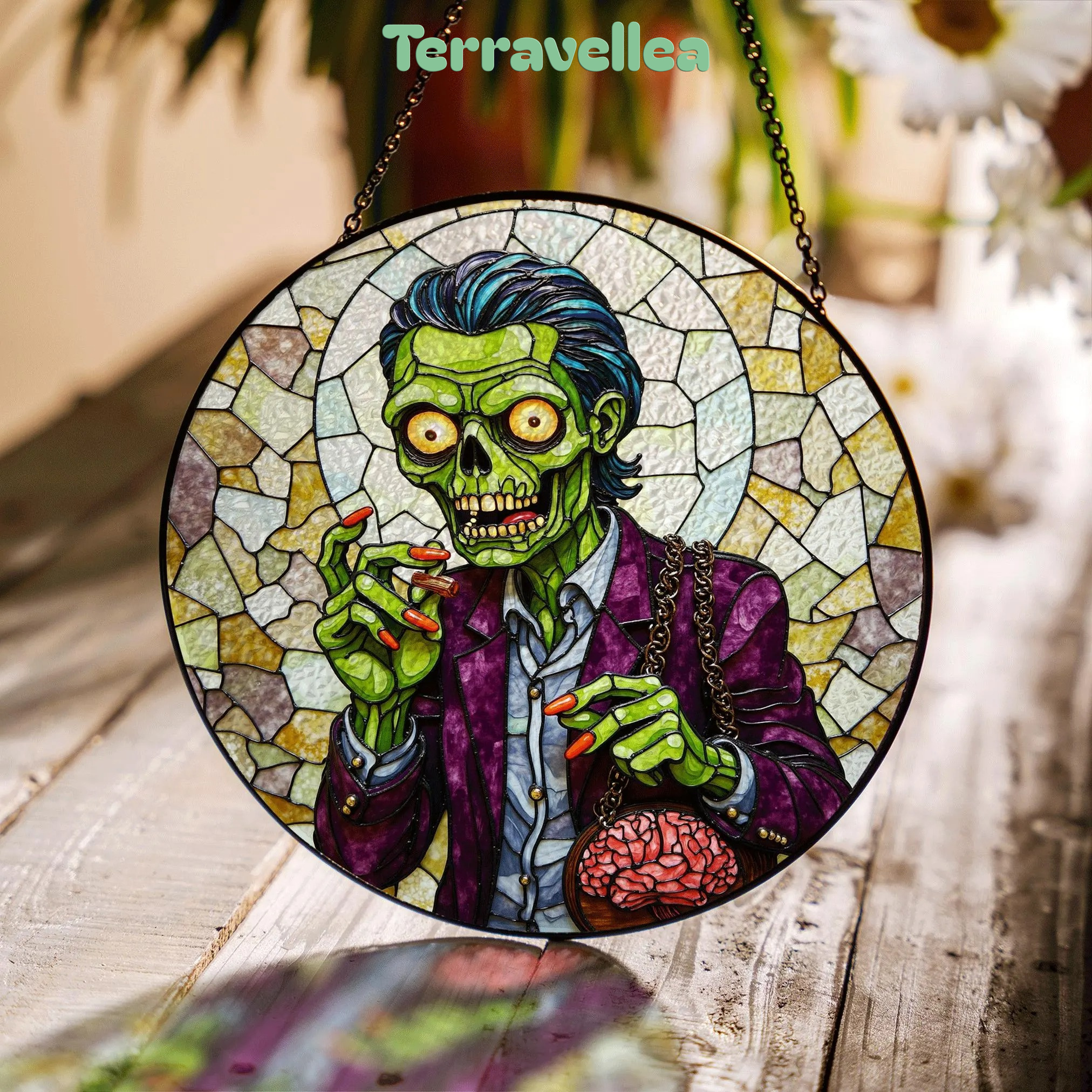 Suncatcher Stained Glass Zombie Holding Brain Halloween Gift for Horror Lover - image 1