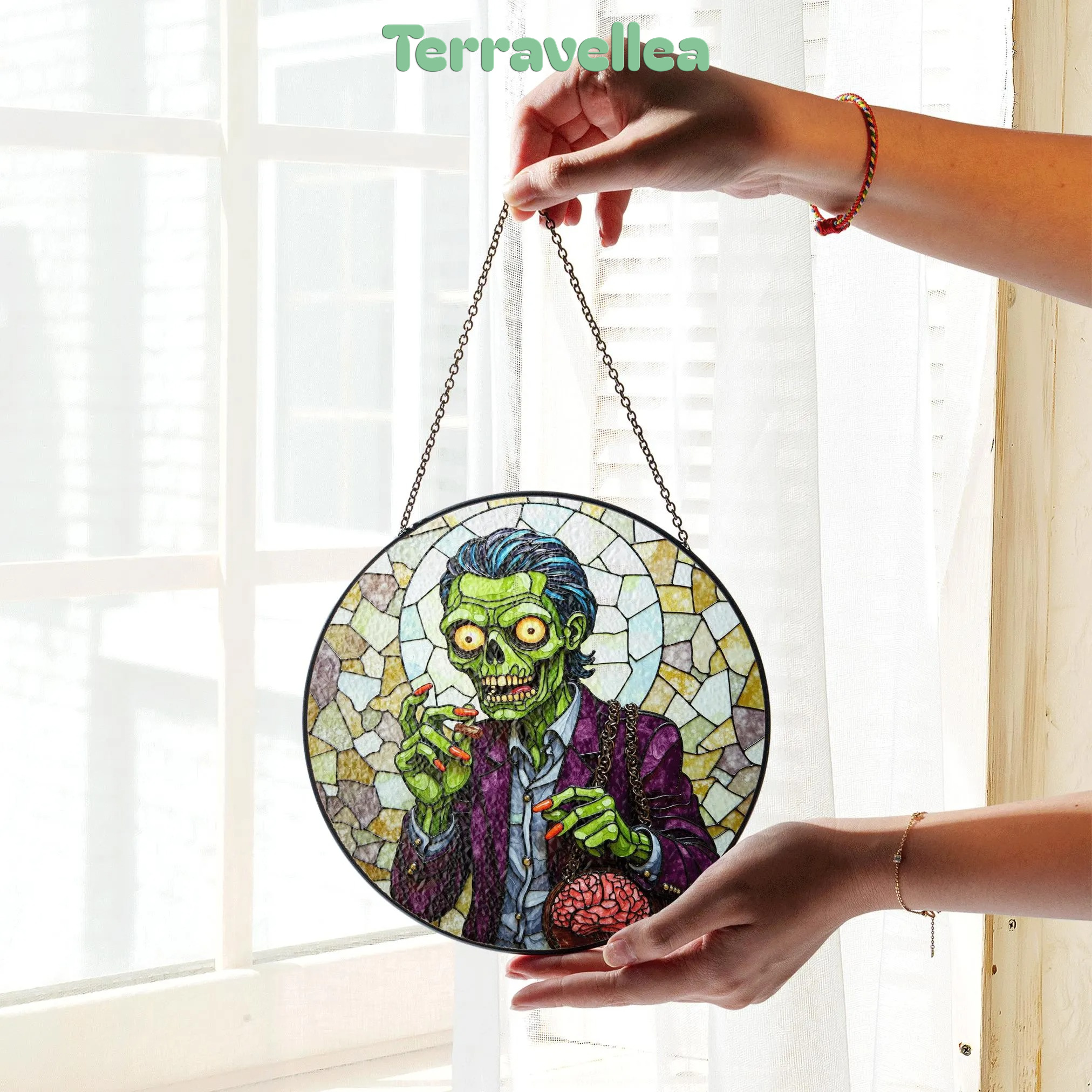 Suncatcher Stained Glass Zombie Holding Brain Halloween Gift for Horror Lover - image 3