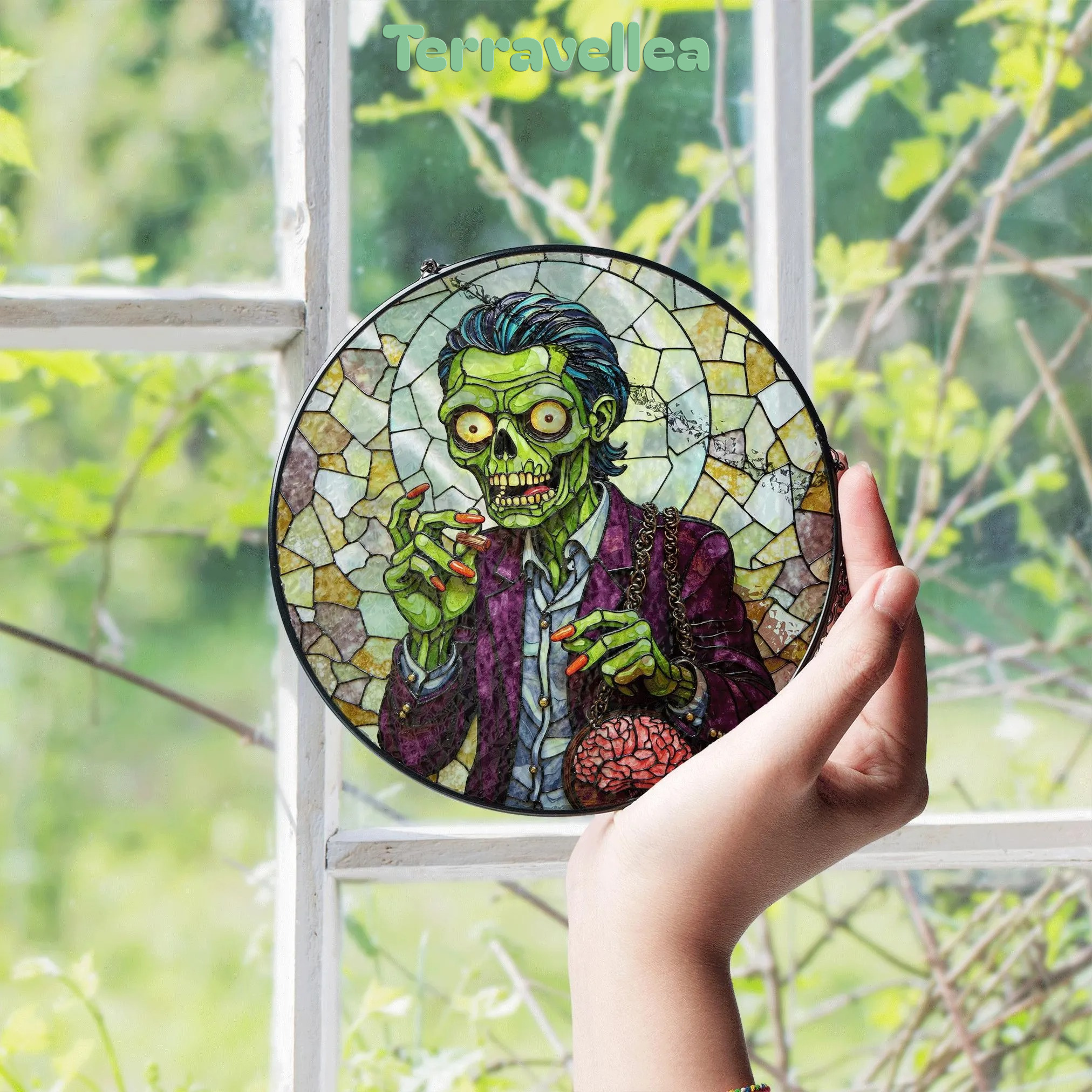 Suncatcher Stained Glass Zombie Holding Brain Halloween Gift for Horror Lover - image 4