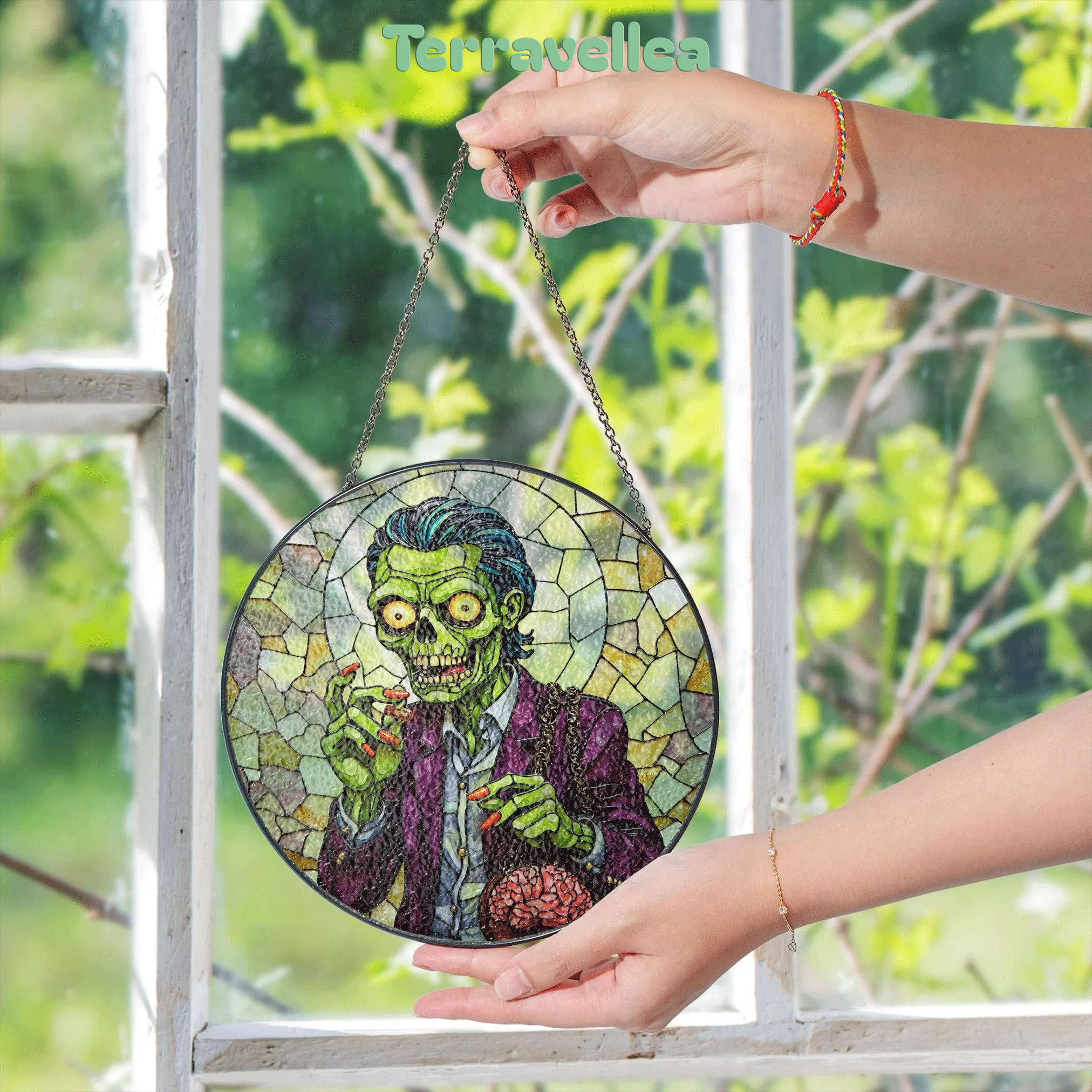 Suncatcher Stained Glass Zombie Holding Brain Halloween Gift for Horror Lover - image 5