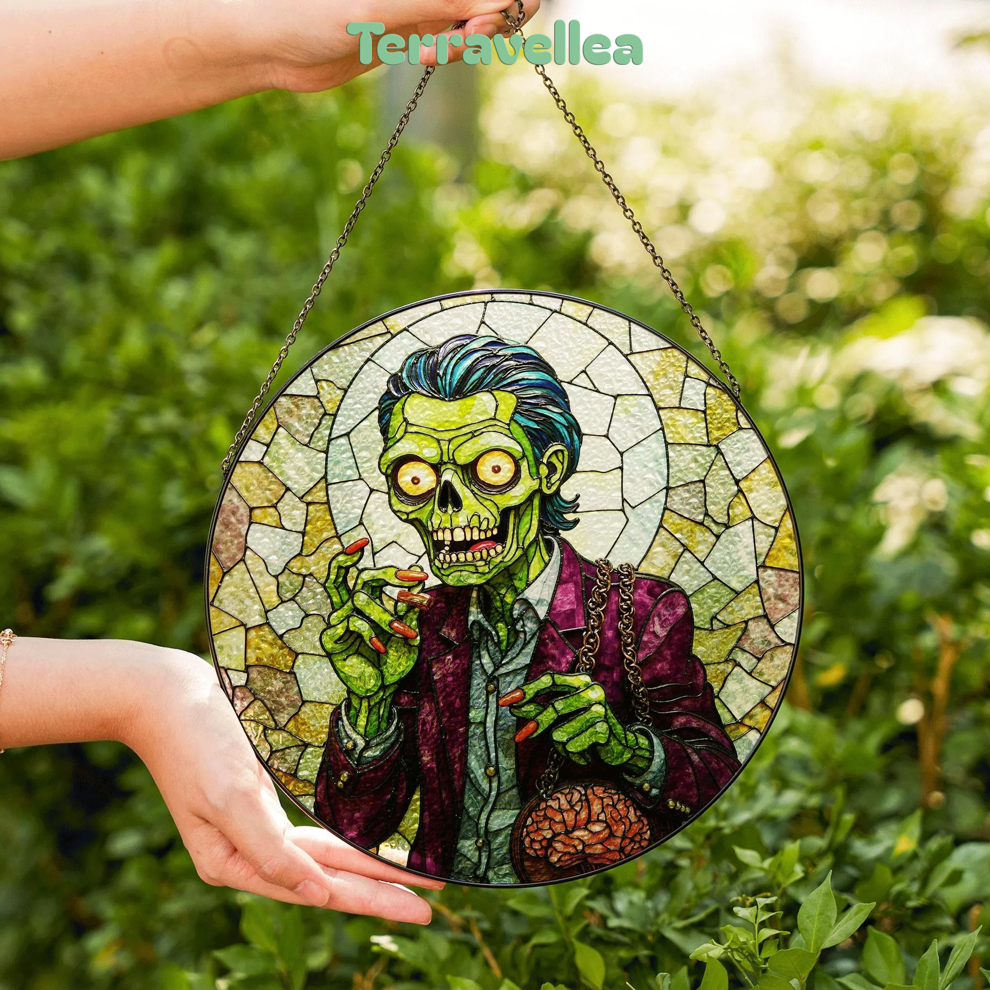 Suncatcher Stained Glass Zombie Holding Brain Halloween Gift for Horror Lover - image 6