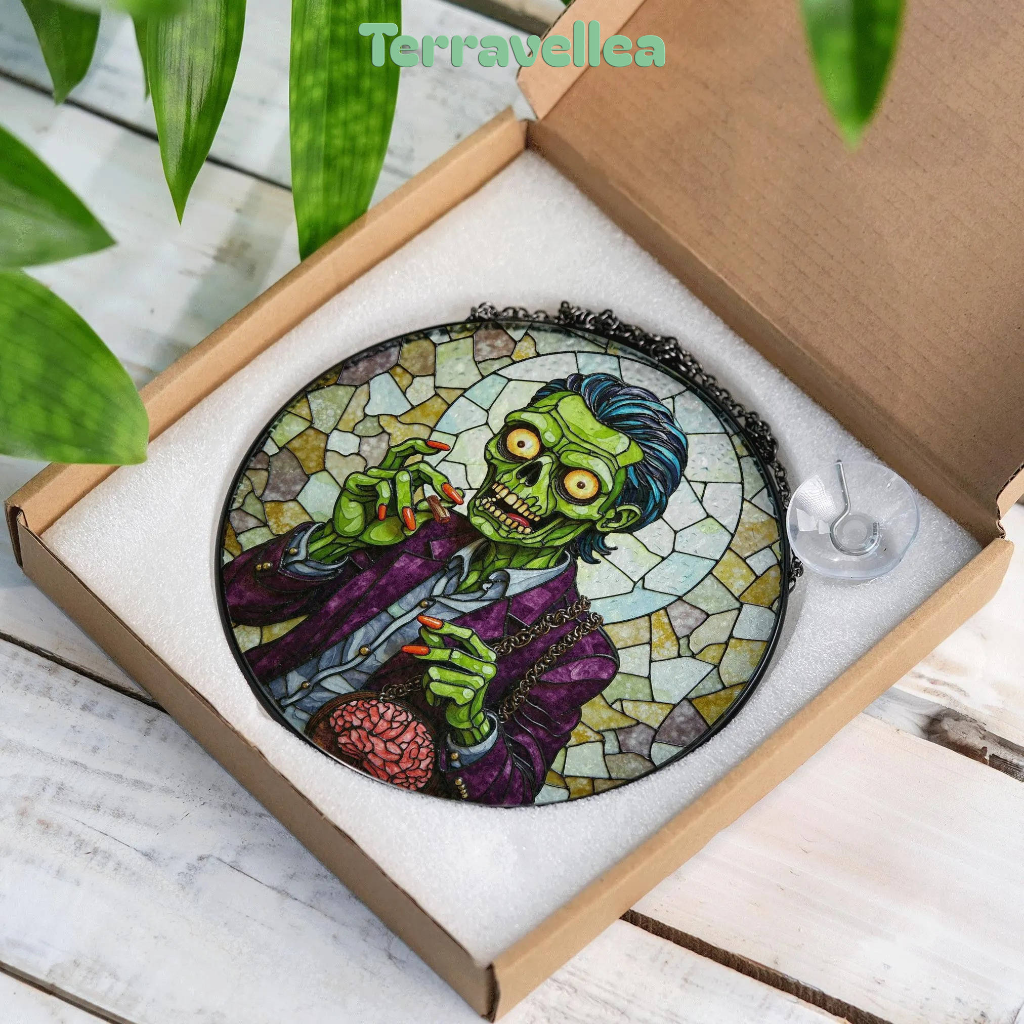 Suncatcher Stained Glass Zombie Holding Brain Halloween Gift for Horror Lover - image 9