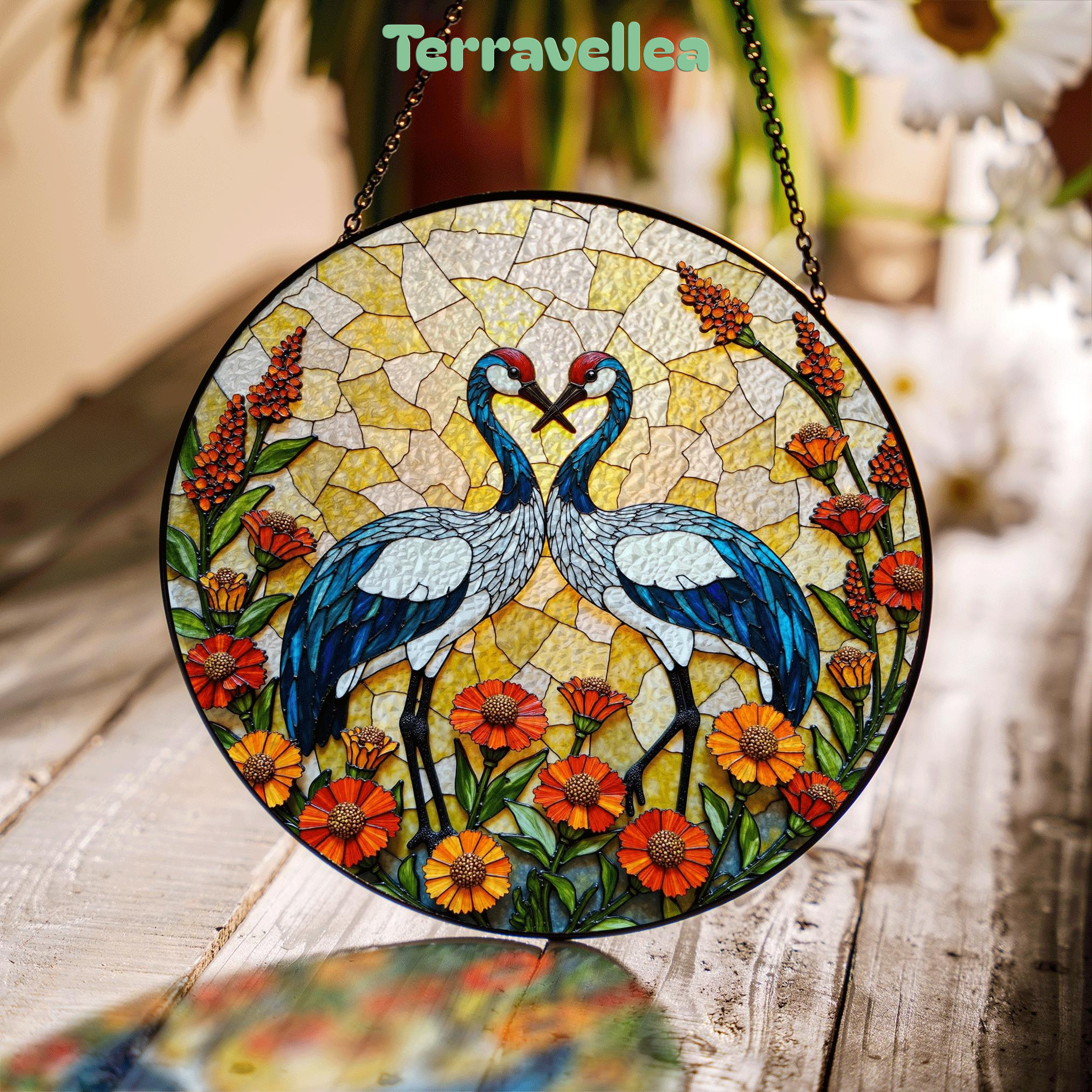 Two Cranes With Heart Shape Sun Catcher Stained Glass Window Decor Wedding Gift - image 1
