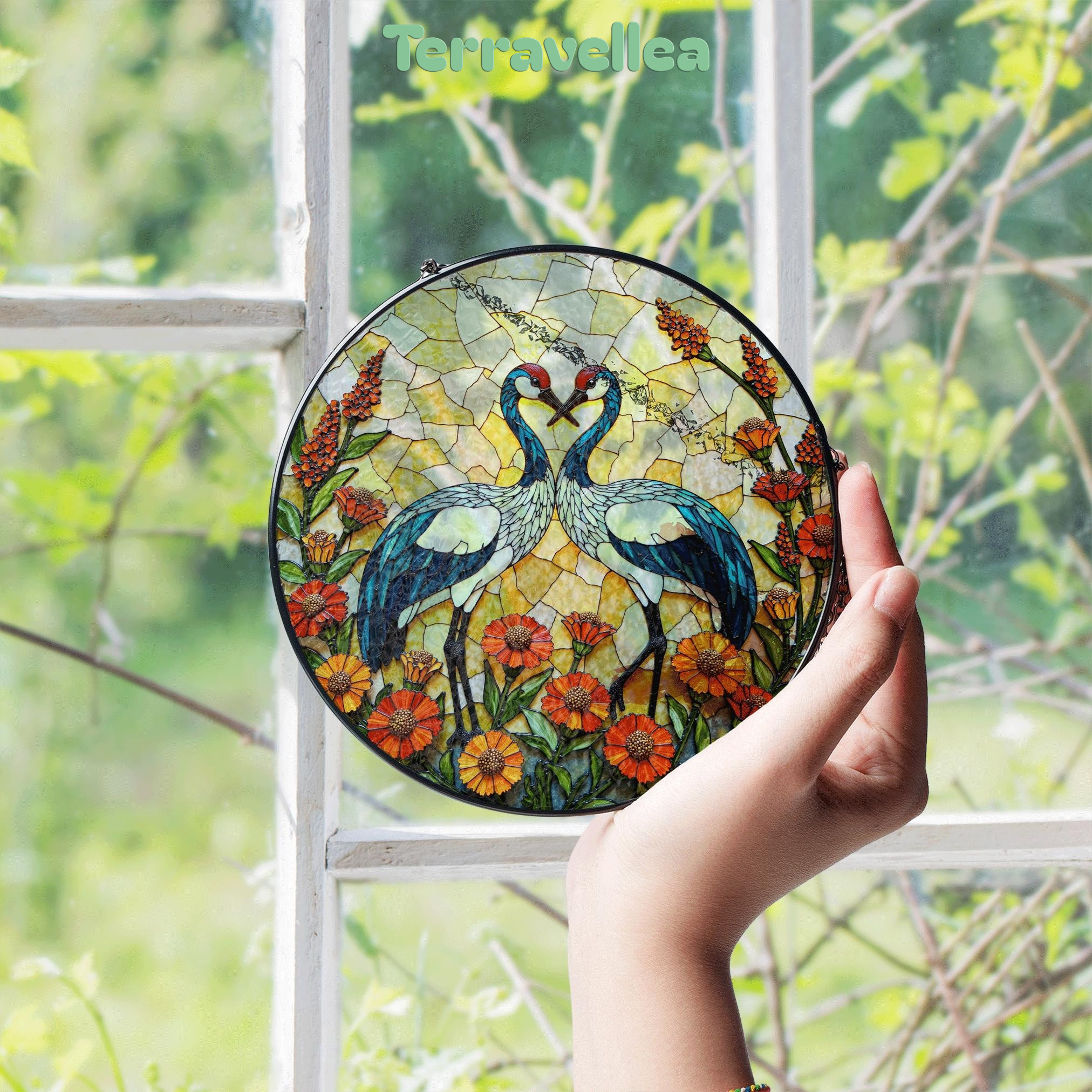 Two Cranes With Heart Shape Sun Catcher Stained Glass Window Decor Wedding Gift - image 4