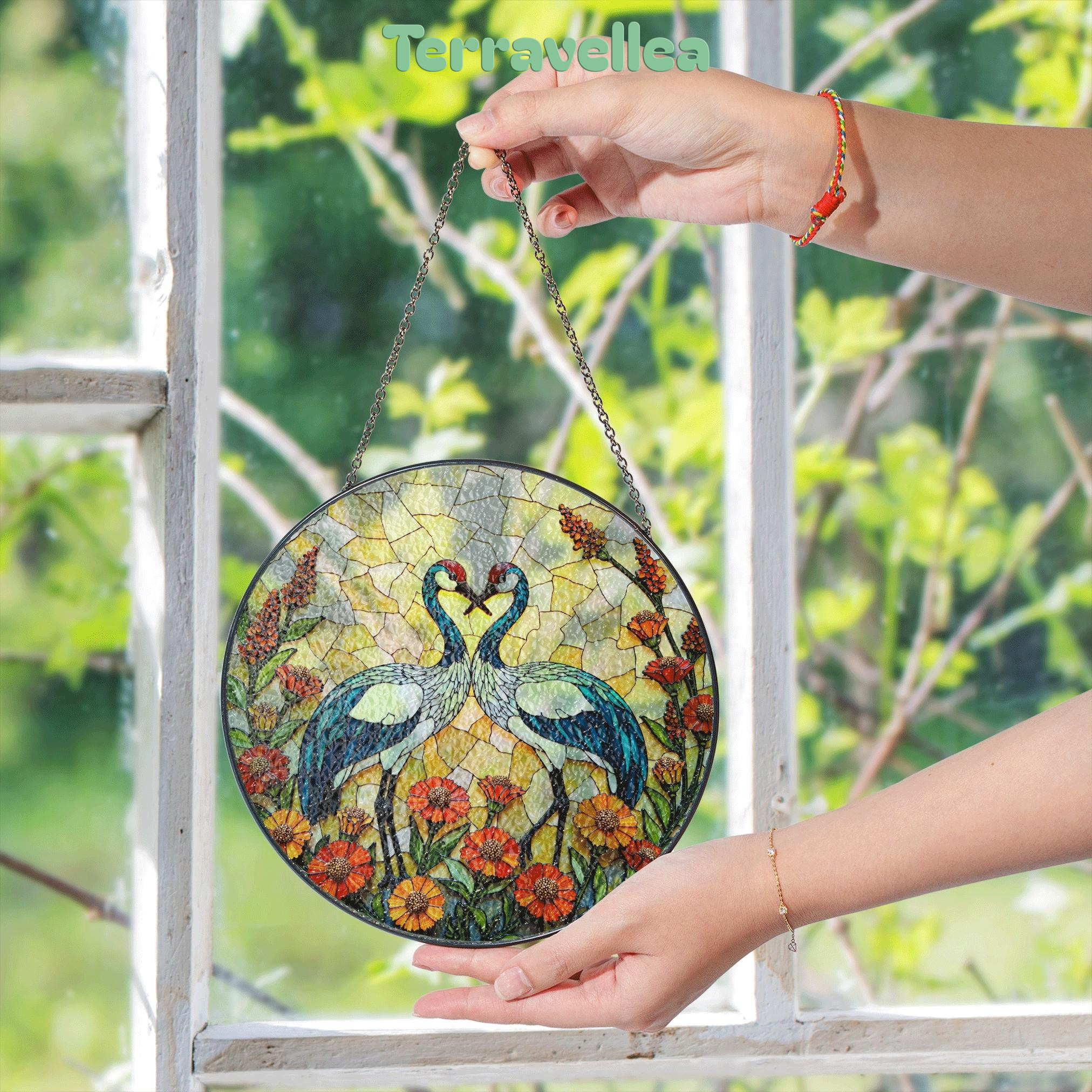 Two Cranes With Heart Shape Sun Catcher Stained Glass Window Decor Wedding Gift - image 5
