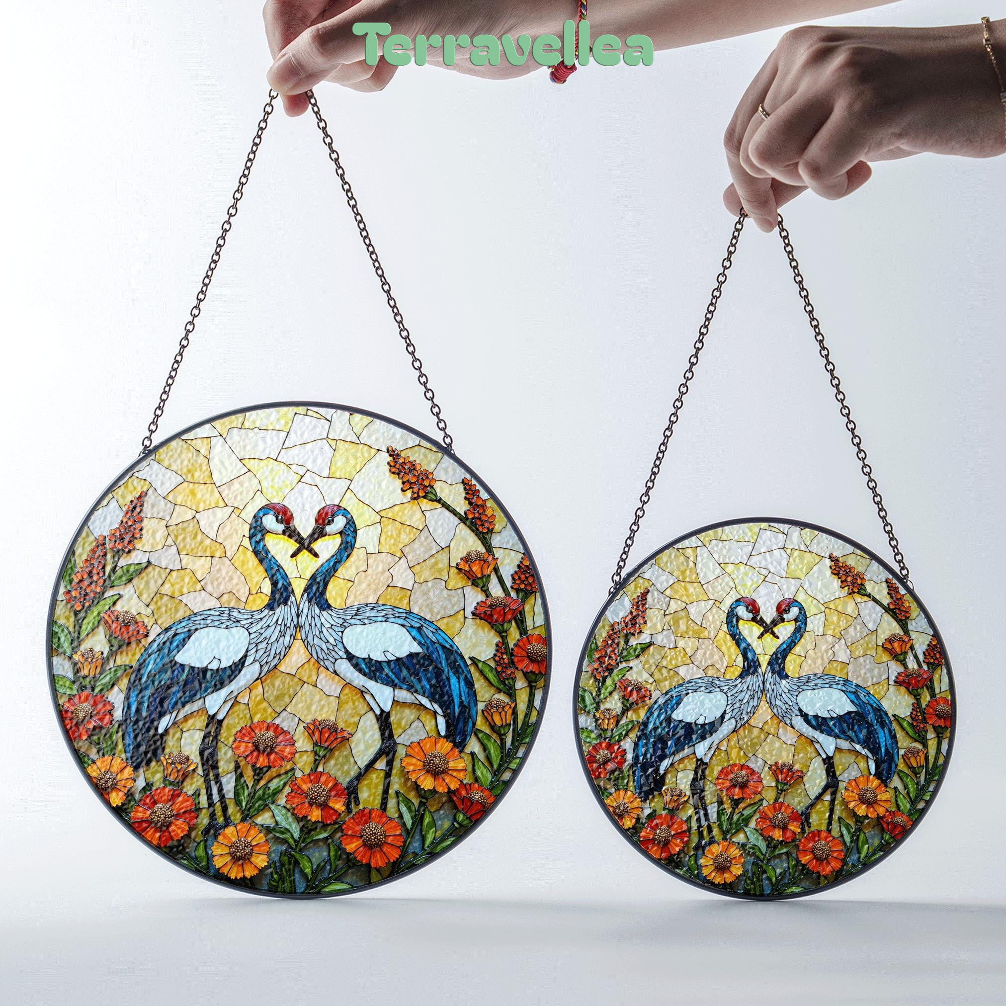 Two Cranes With Heart Shape Sun Catcher Stained Glass Window Decor Wedding Gift - image 7