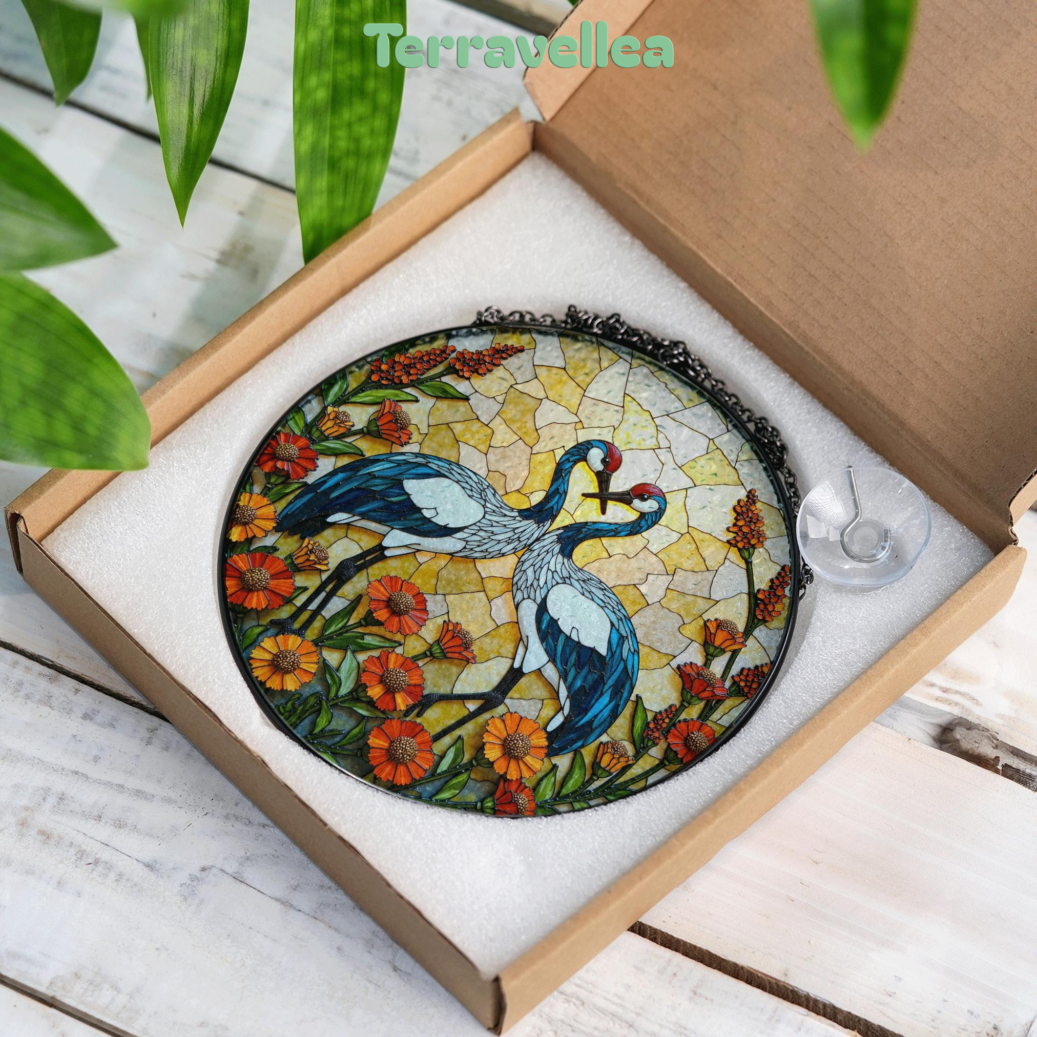 Two Cranes With Heart Shape Sun Catcher Stained Glass Window Decor Wedding Gift - image 8