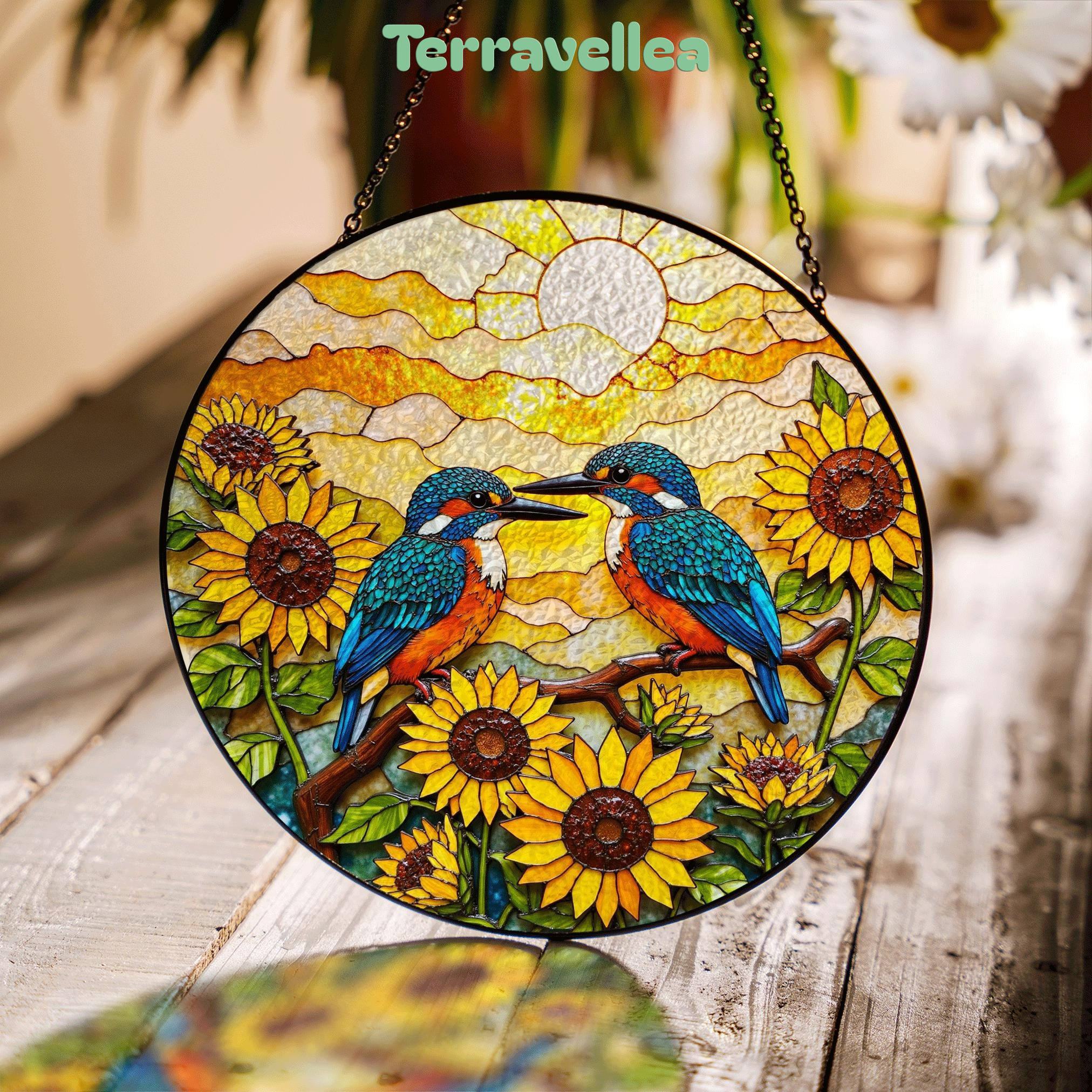Two Kingfishers on Sunflower Branch Stained Glass Suncatcher Bird Window Decor Gift - image 1