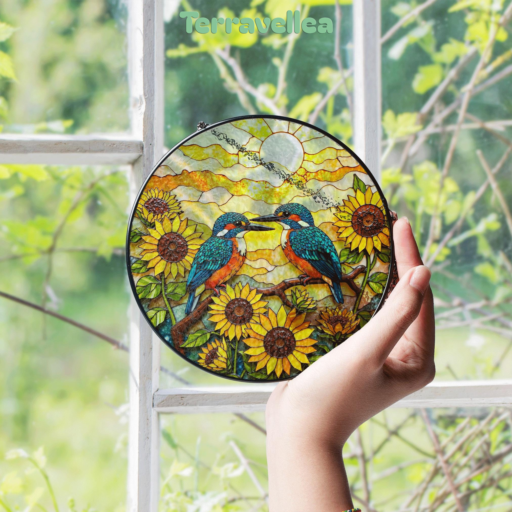 Two Kingfishers on Sunflower Branch Stained Glass Suncatcher Bird Window Decor Gift - image 4