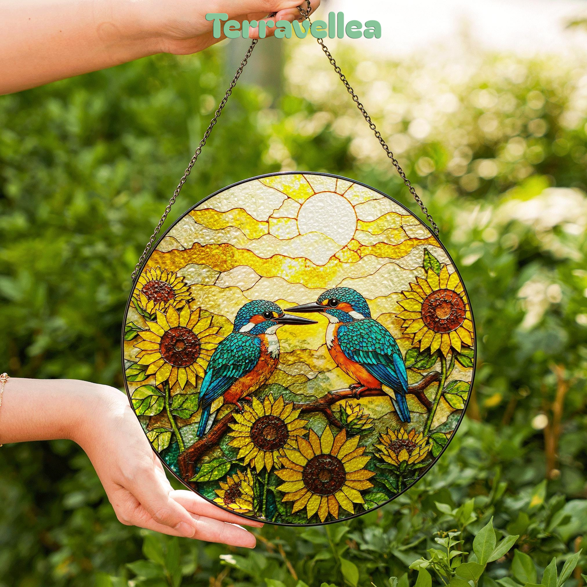 Two Kingfishers on Sunflower Branch Stained Glass Suncatcher Bird Window Decor Gift - image 6