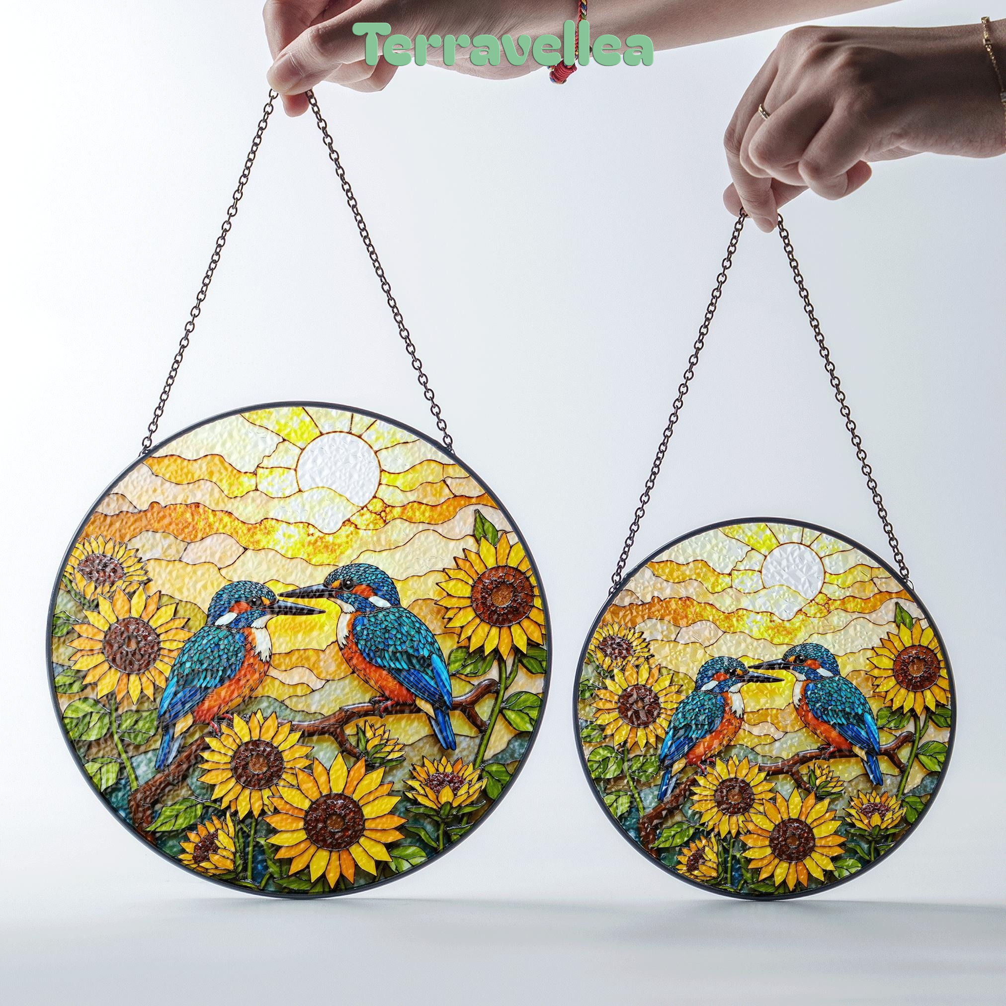 Two Kingfishers on Sunflower Branch Stained Glass Suncatcher Bird Window Decor Gift - image 7