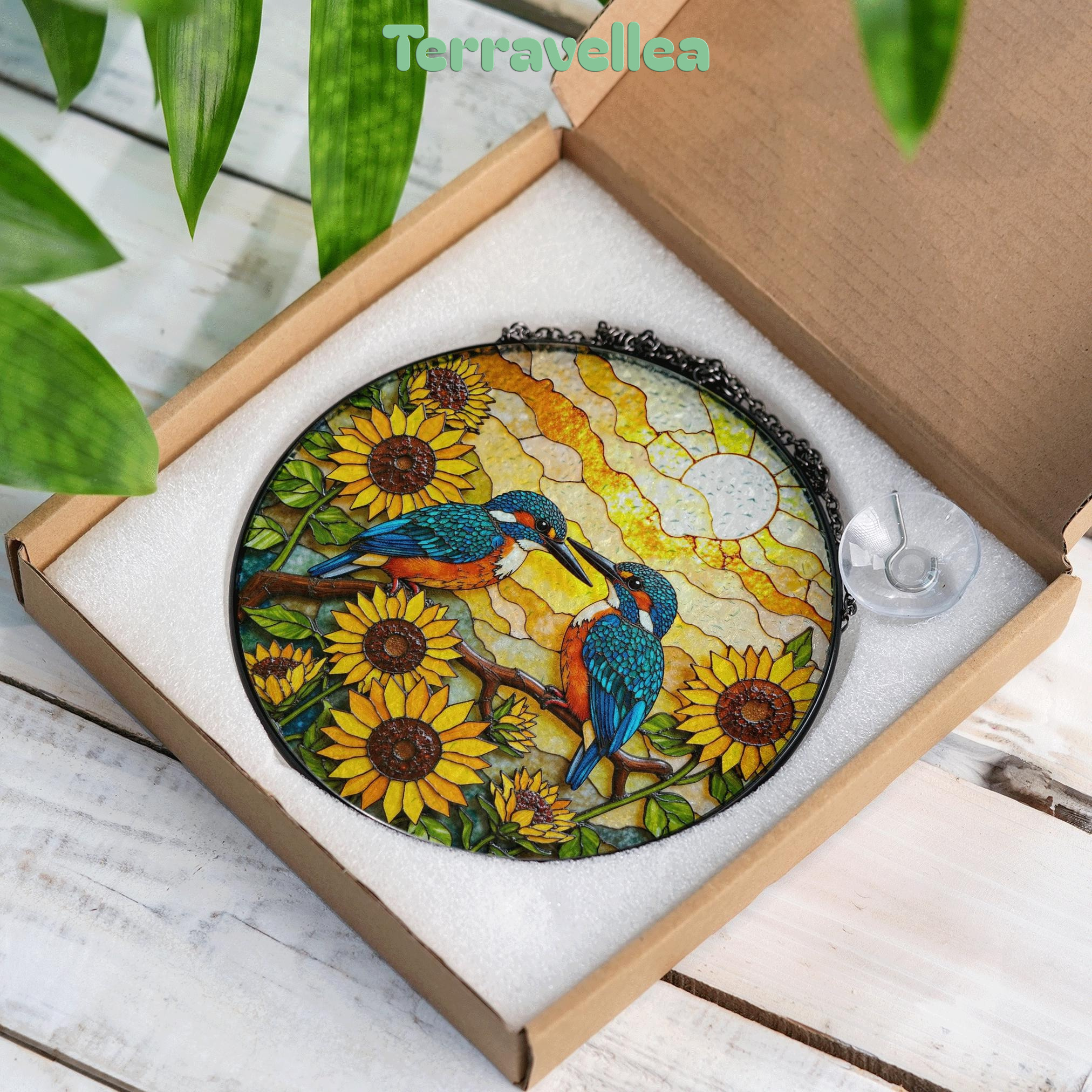Two Kingfishers on Sunflower Branch Stained Glass Suncatcher Bird Window Decor Gift - image 9