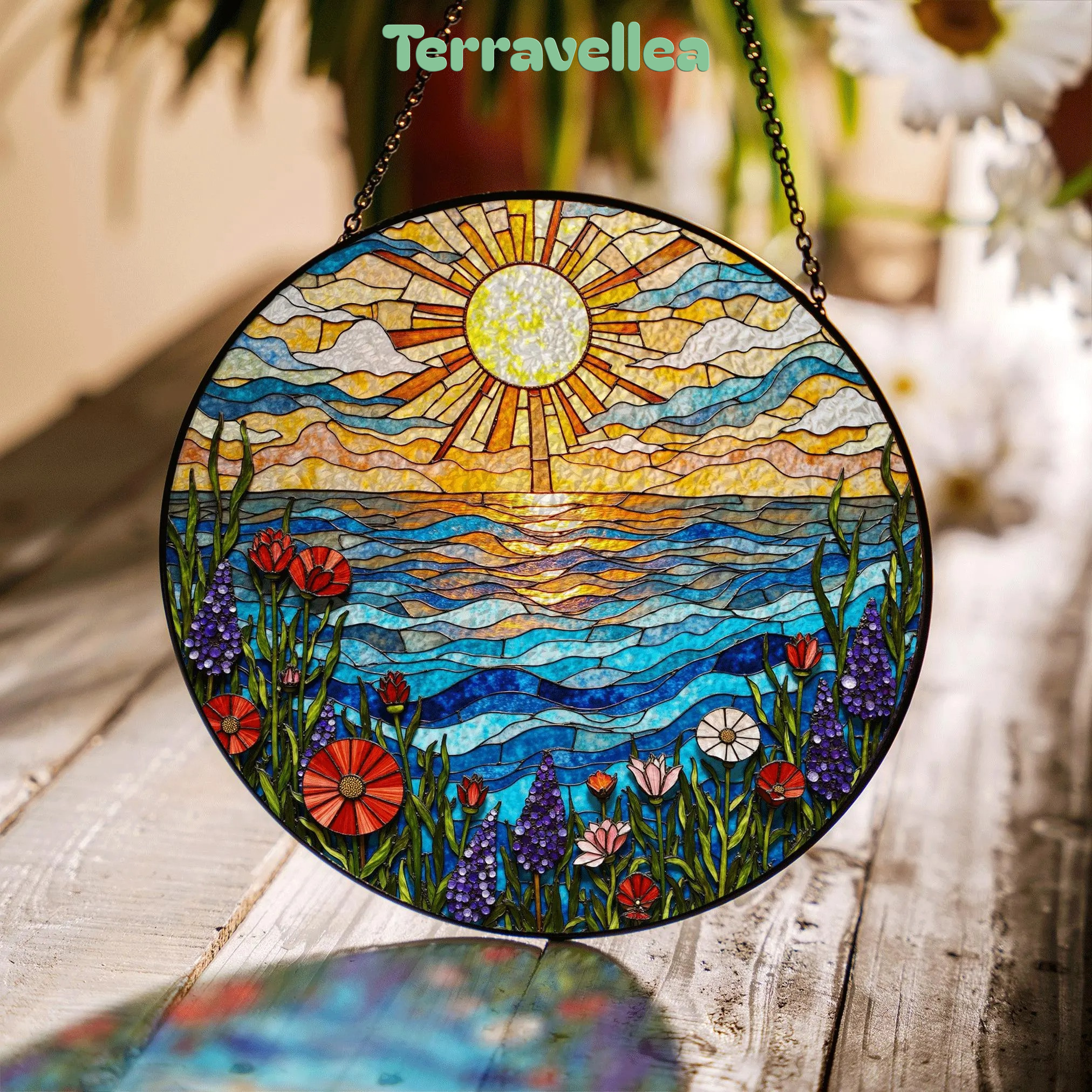 Vibrant Wildflower Meadow and Ocean Wave Stained Glass Suncatcher Summer Window Decor Gift for Nature Lovers - image 1