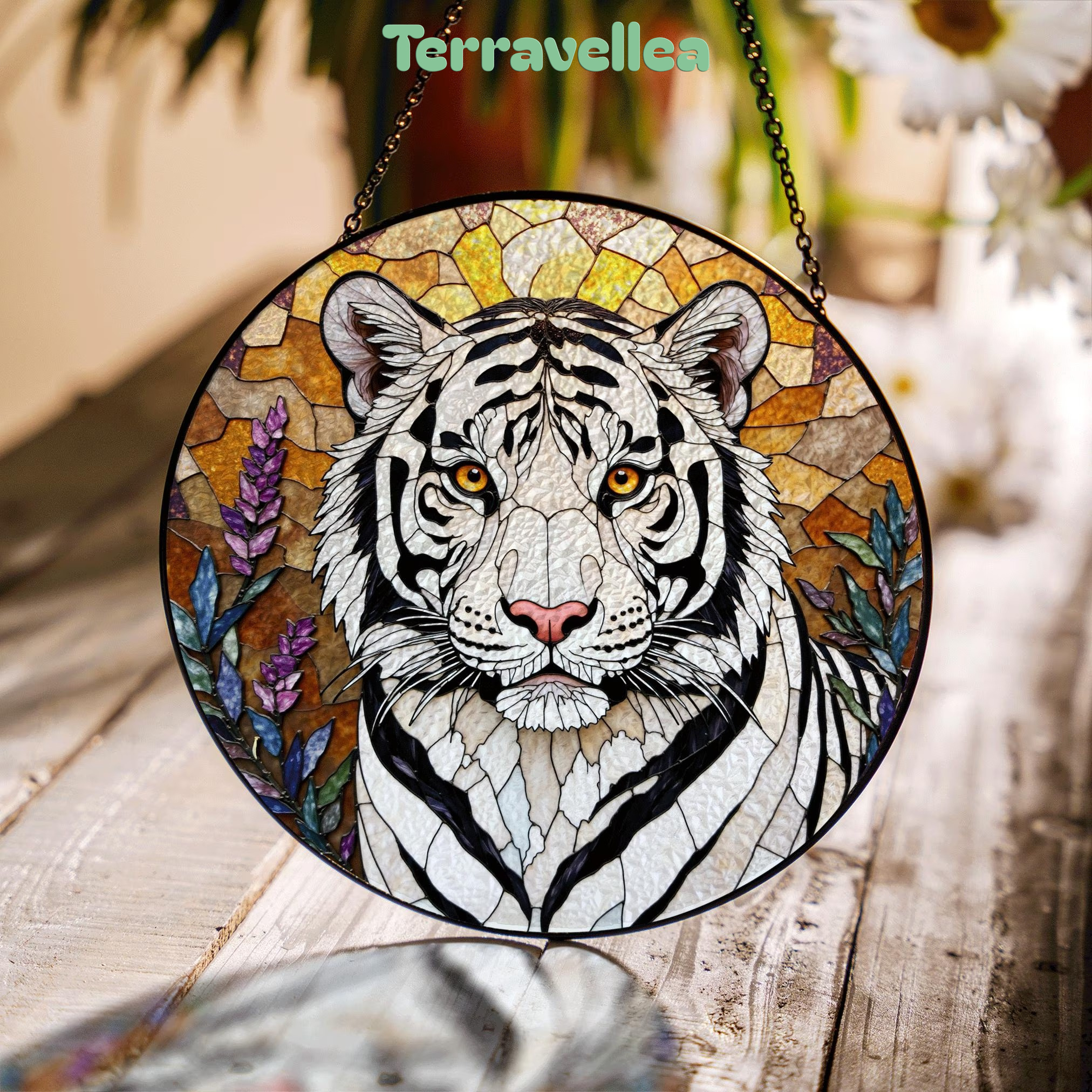 White Tiger Nature Scene Suncatcher Stained Glass Style Window Decor Gift for Wildlife Lovers - image 1