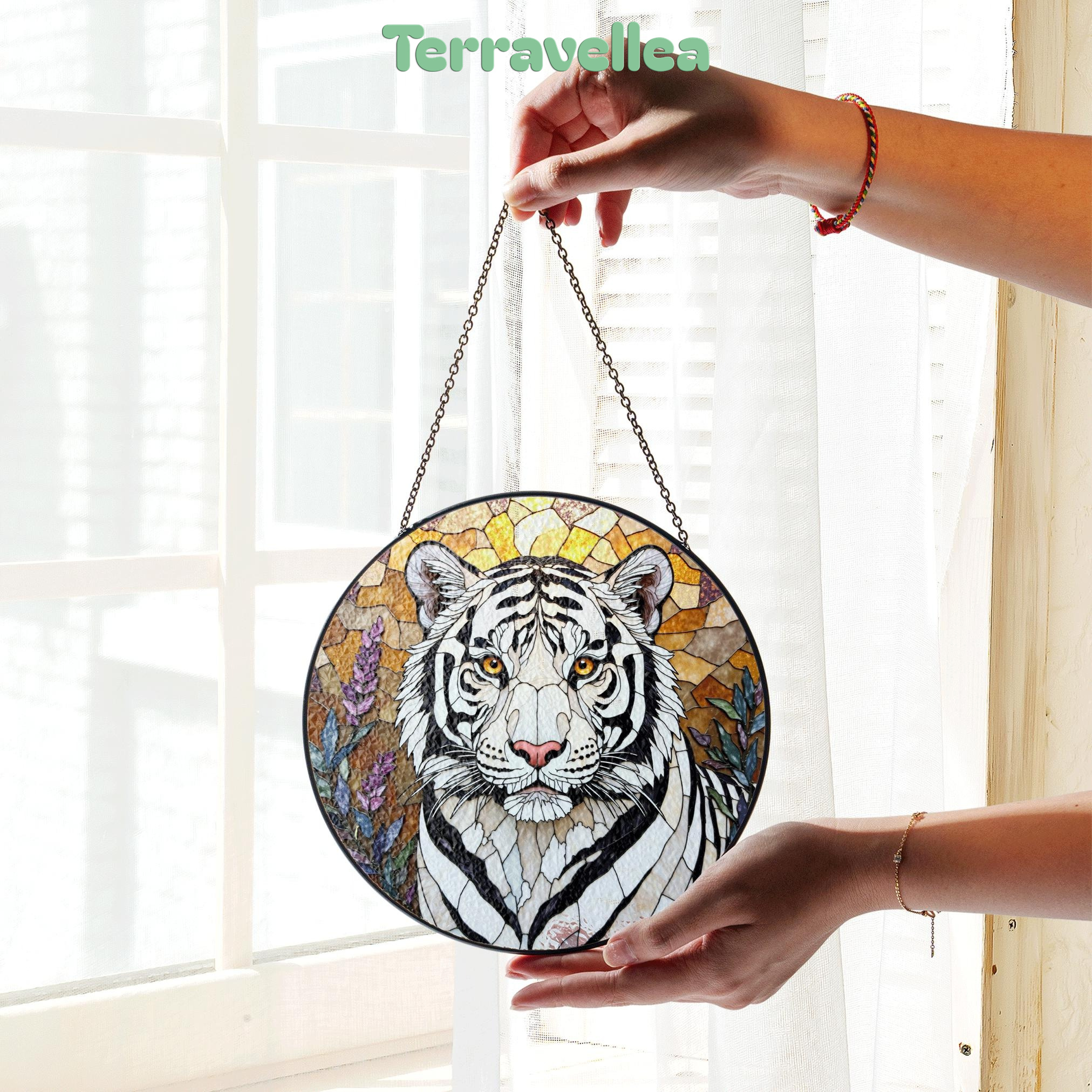 White Tiger Nature Scene Suncatcher Stained Glass Style Window Decor Gift for Wildlife Lovers - image 3