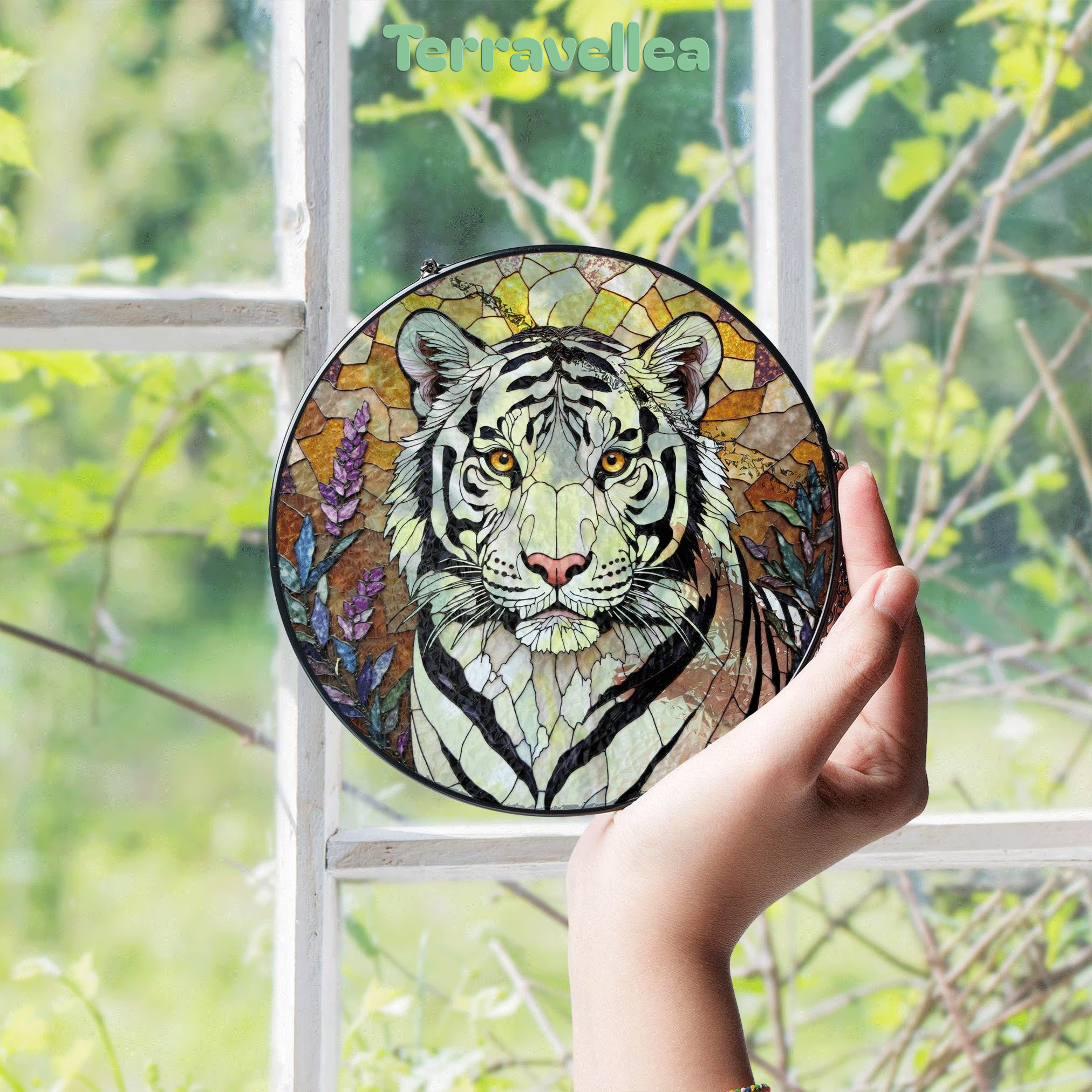White Tiger Nature Scene Suncatcher Stained Glass Style Window Decor Gift for Wildlife Lovers - image 4