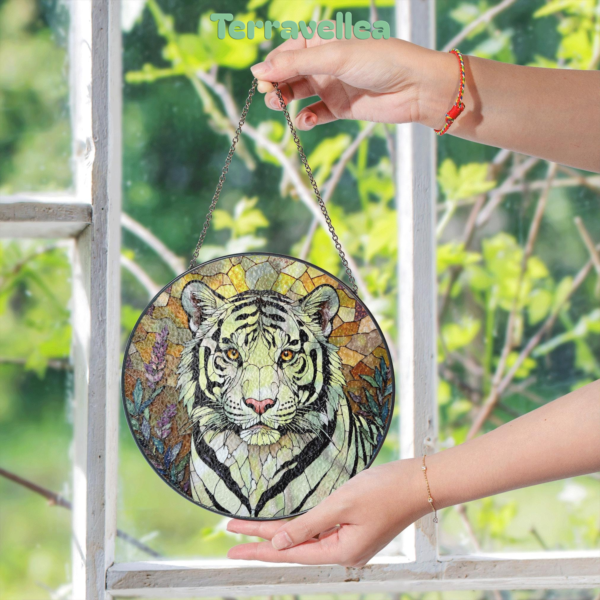 White Tiger Nature Scene Suncatcher Stained Glass Style Window Decor Gift for Wildlife Lovers - image 5