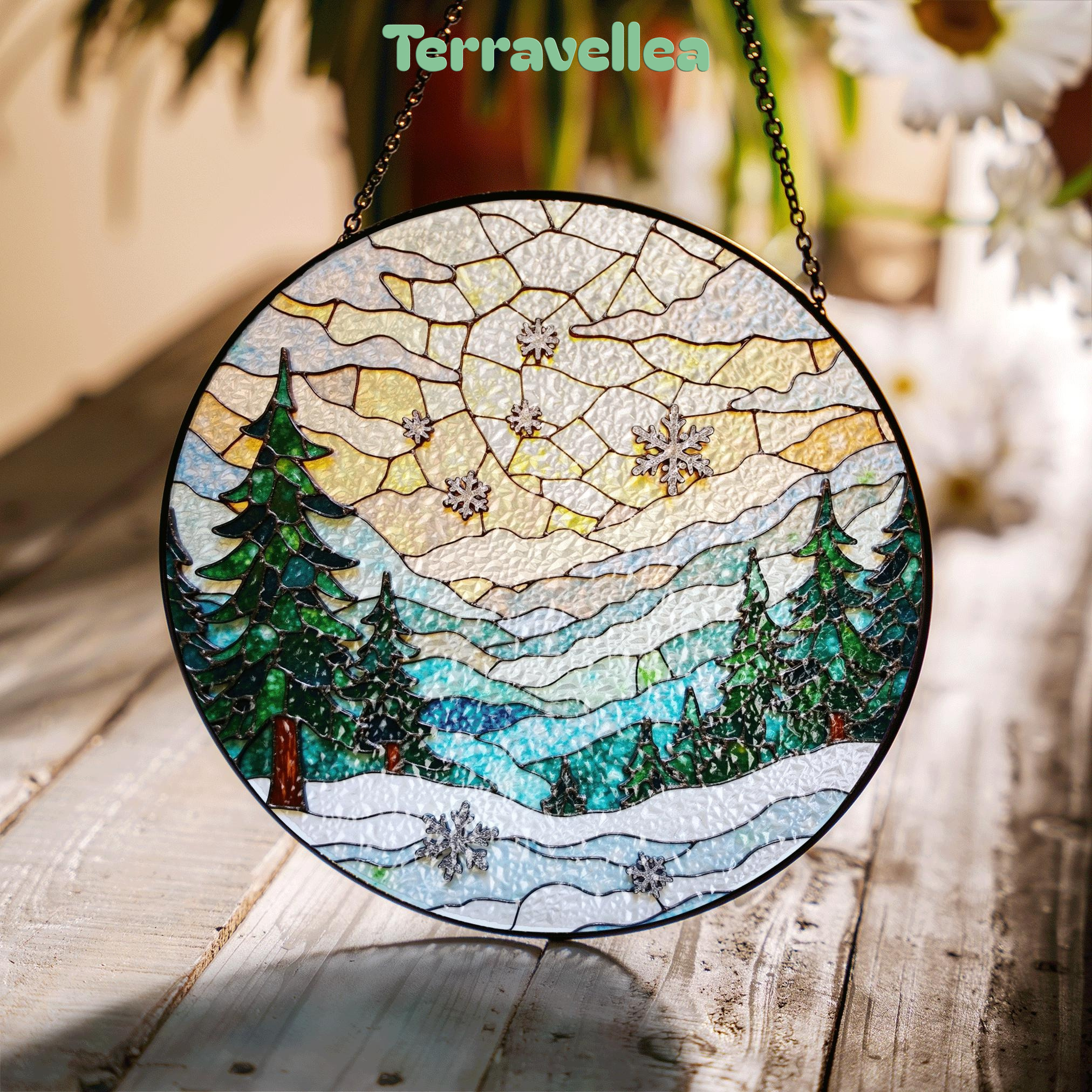 Winter Forest Stained Glass Suncatcher Christmas Gift Home Decor Window Hanging - image 1