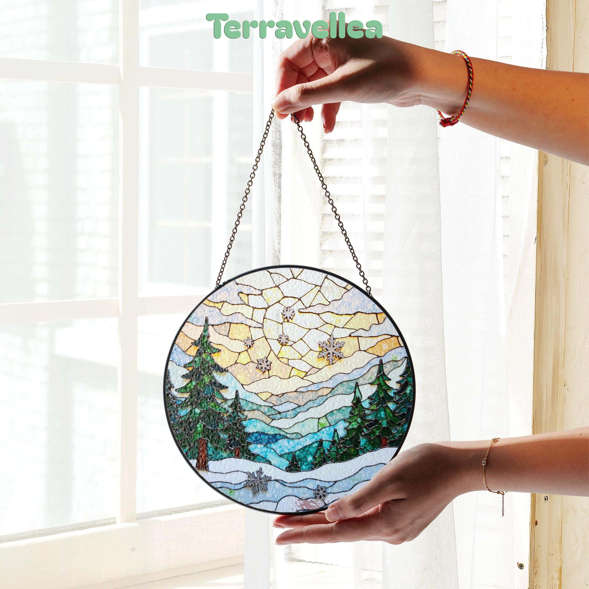 Winter Forest Stained Glass Suncatcher Christmas Gift Home Decor Window Hanging - image 3