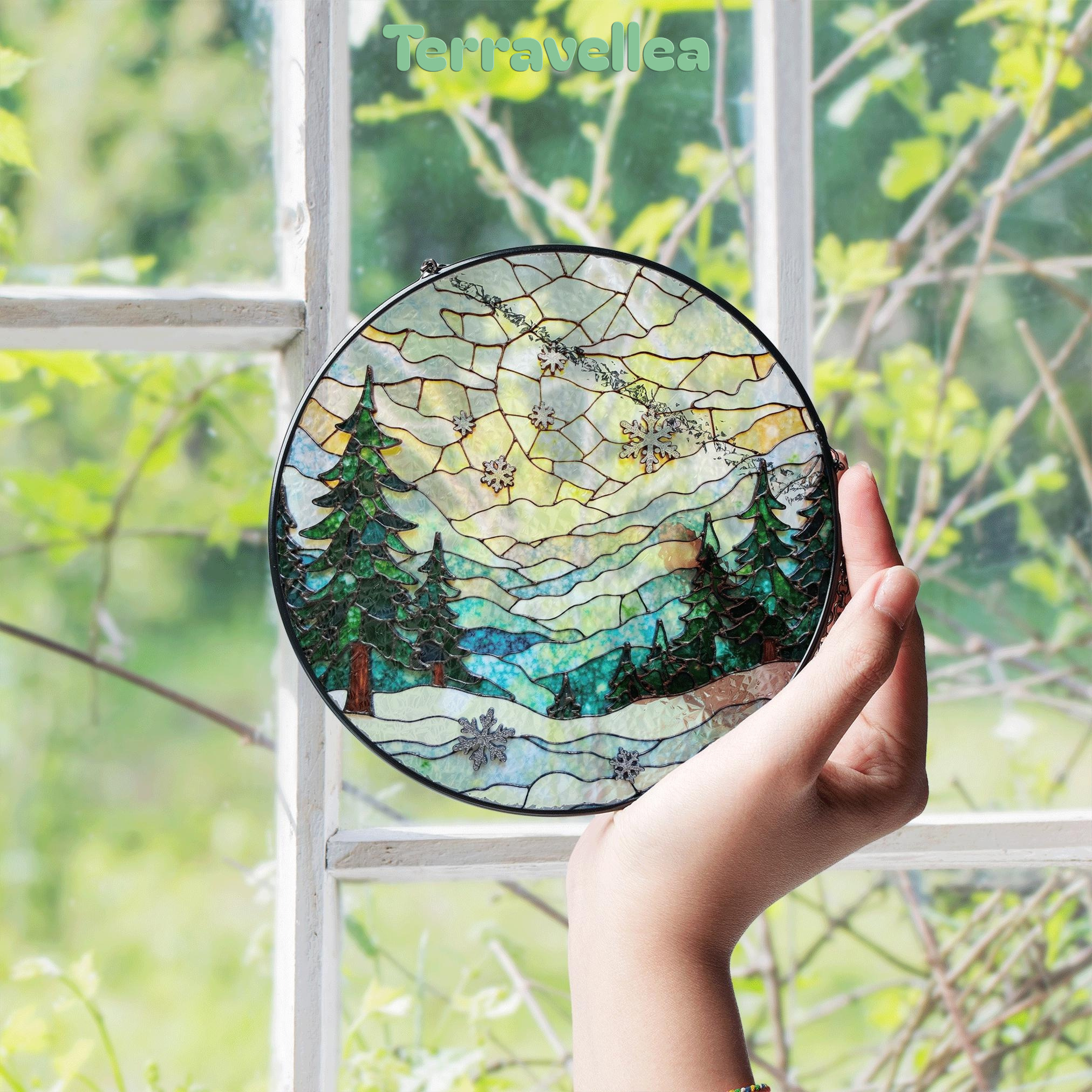 Winter Forest Stained Glass Suncatcher Christmas Gift Home Decor Window Hanging - image 4