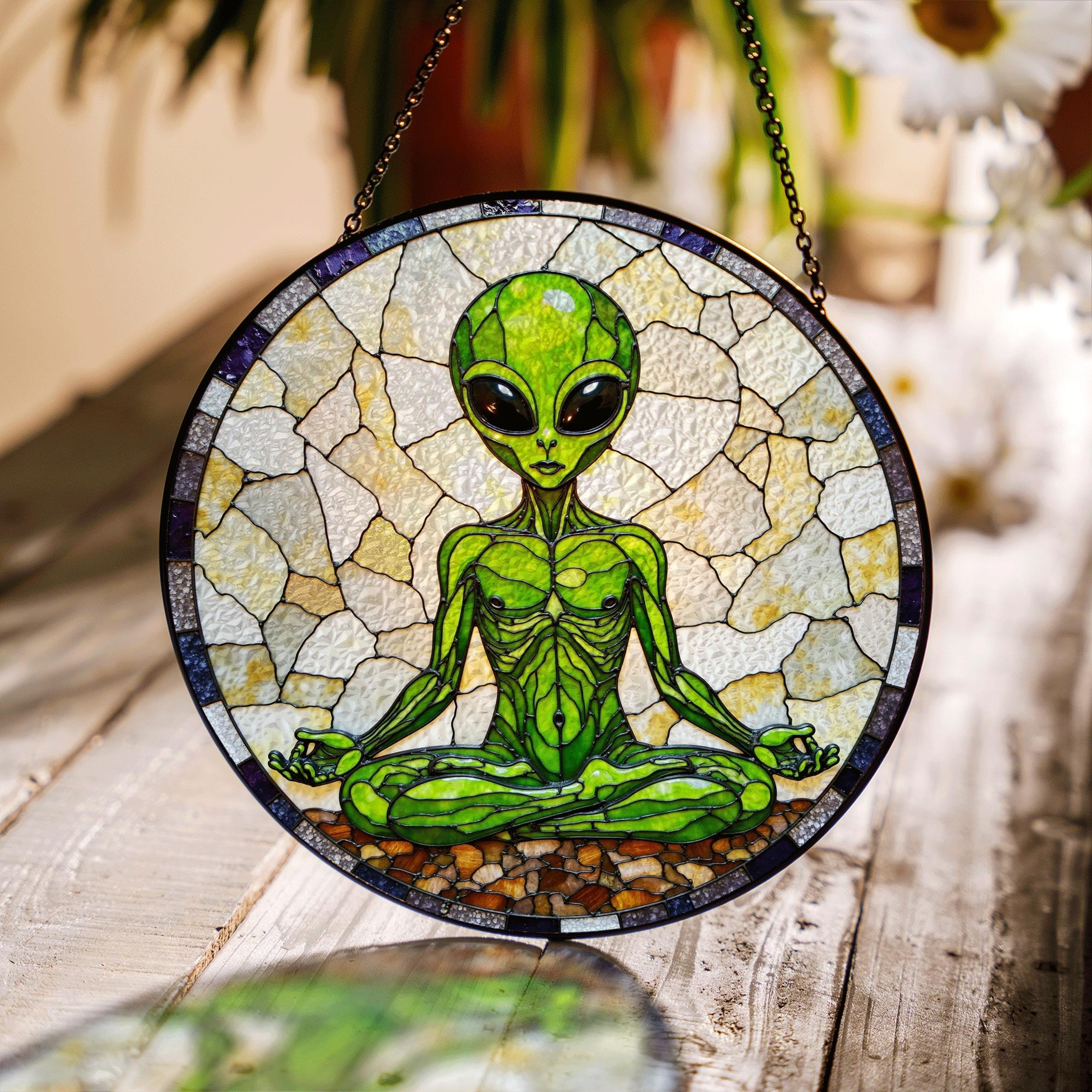 Meditating Alien Stained Glass Style Round Suncatcher Gift for UFO Lovers - image 1