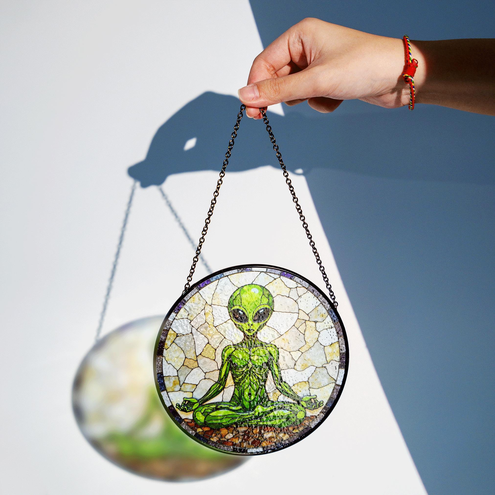 Meditating Alien Stained Glass Style Round Suncatcher Gift for UFO Lovers - image 2