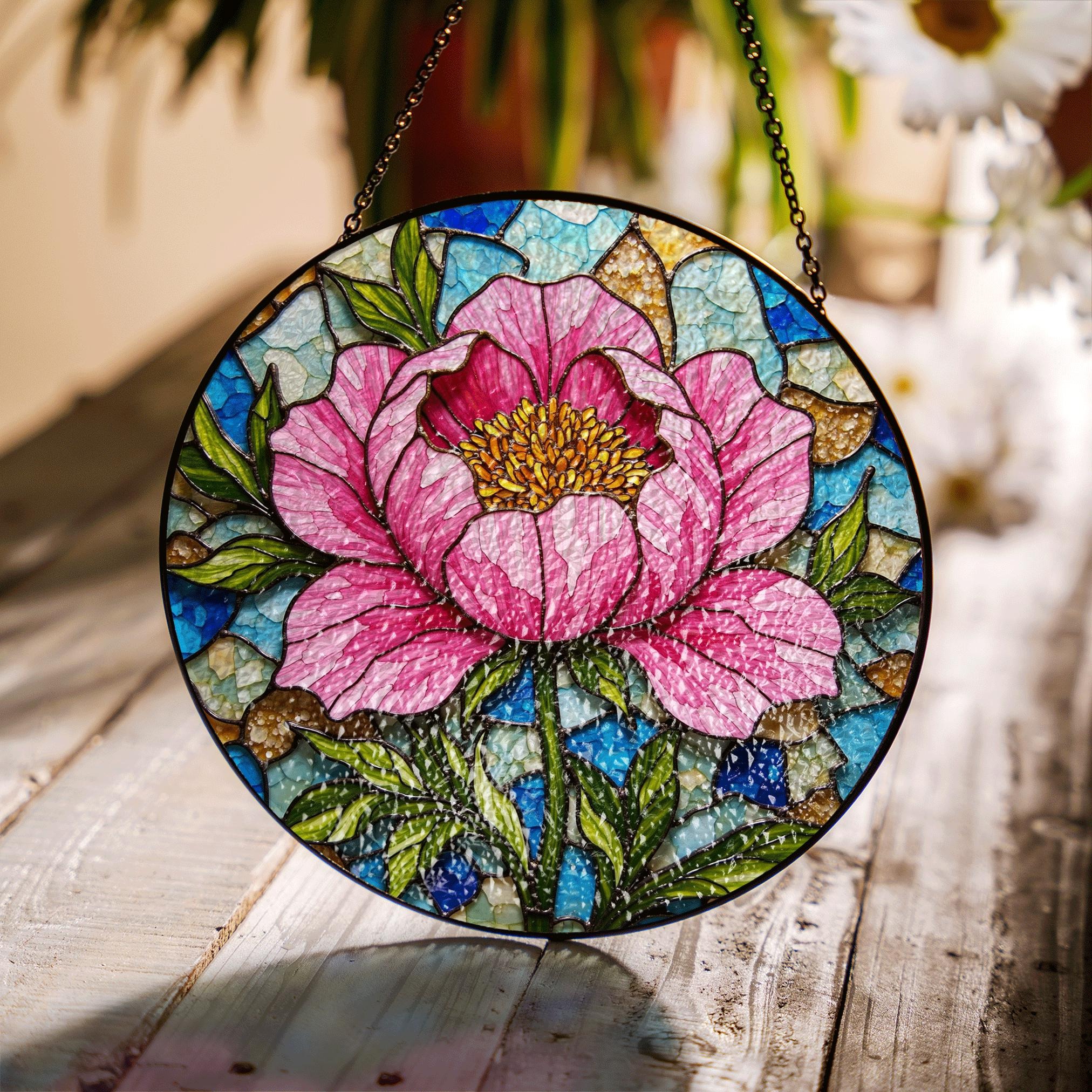 Peony Flower Stained Glass Suncatcher Hanging Window Art Home Decor Gift for Her - image 1