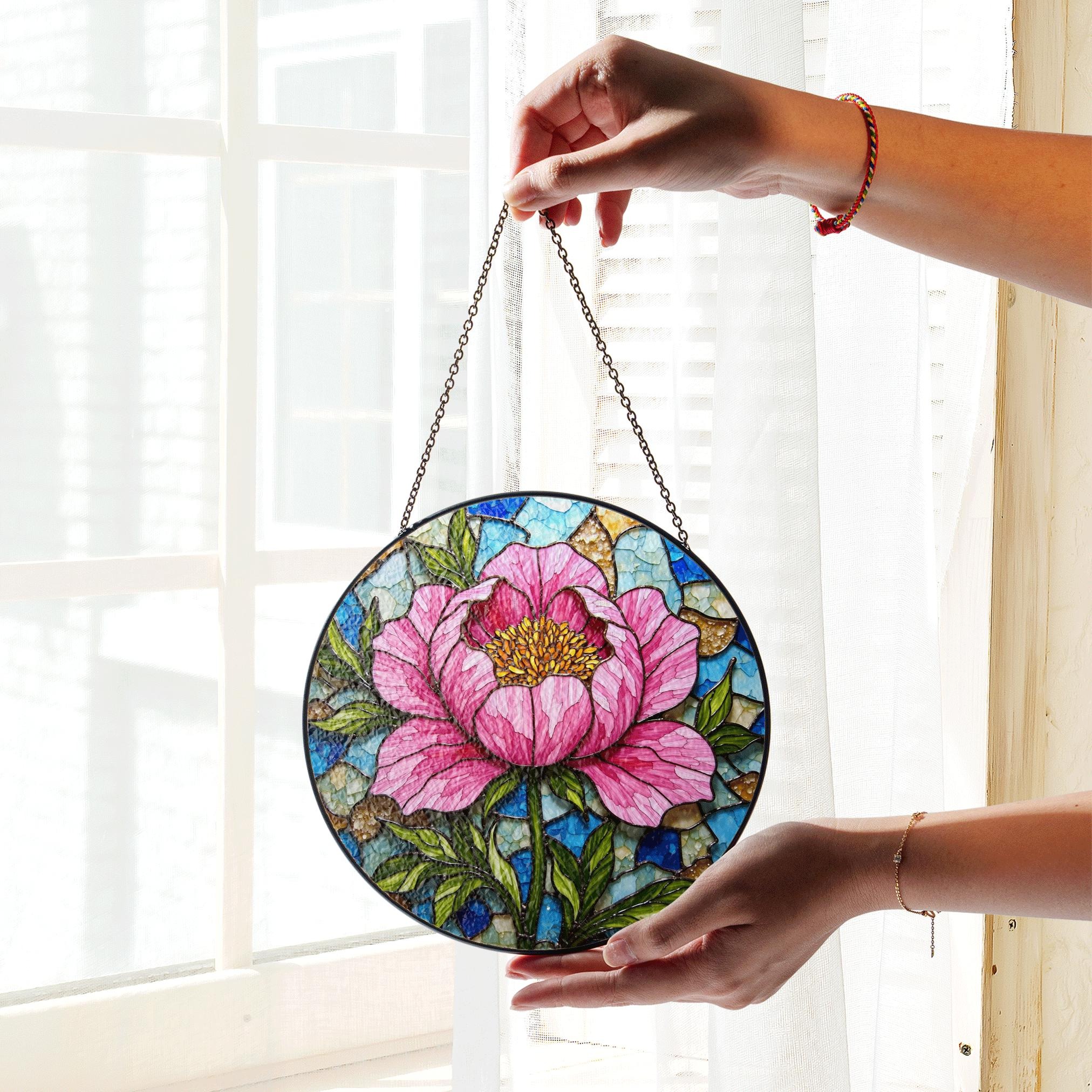 Peony Flower Stained Glass Suncatcher Hanging Window Art Home Decor Gift for Her - image 3