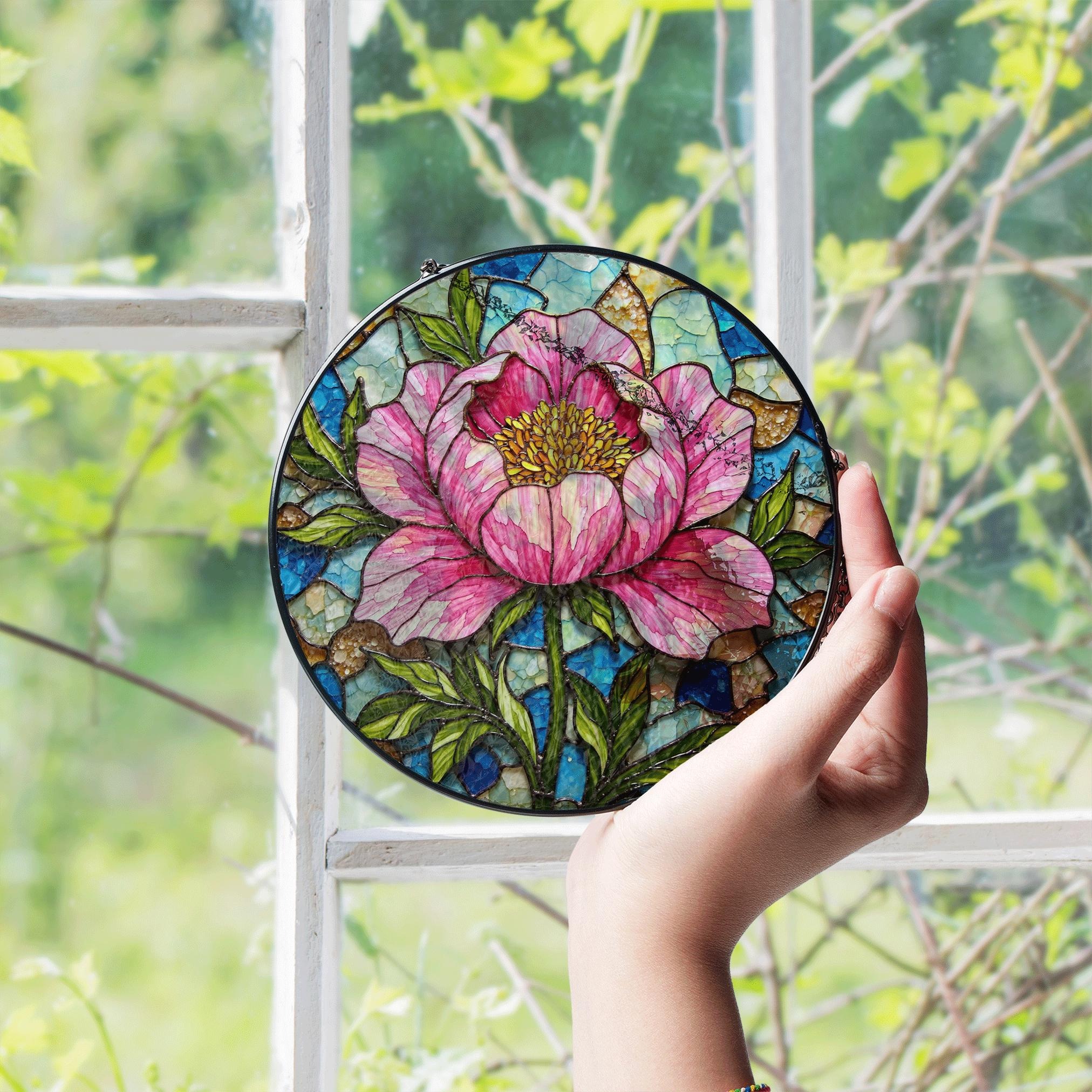 Peony Flower Stained Glass Suncatcher Hanging Window Art Home Decor Gift for Her - image 4